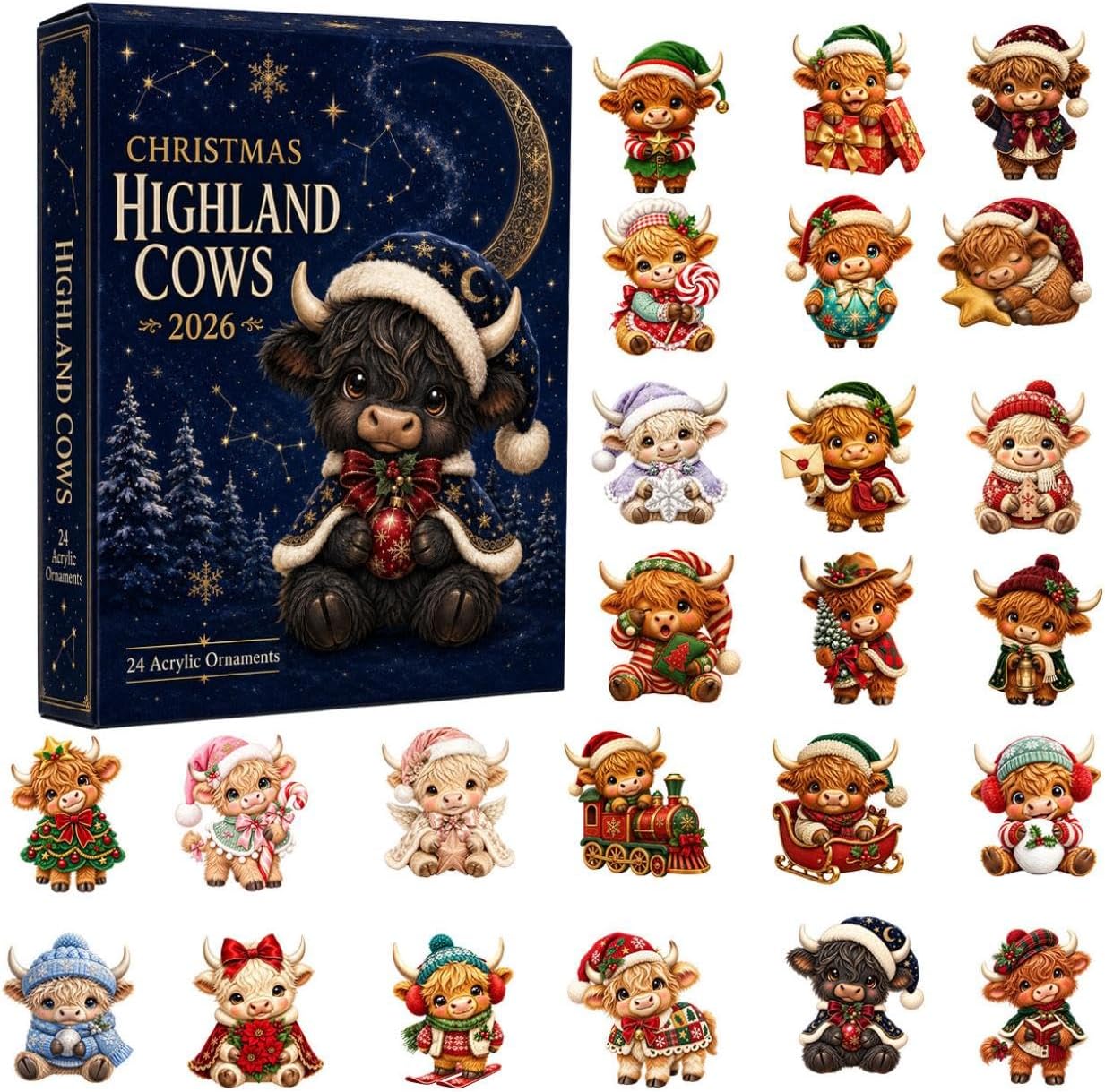 Highland Cow Christmas Advent Calendar – 24 Acrylic Ornaments - Blue