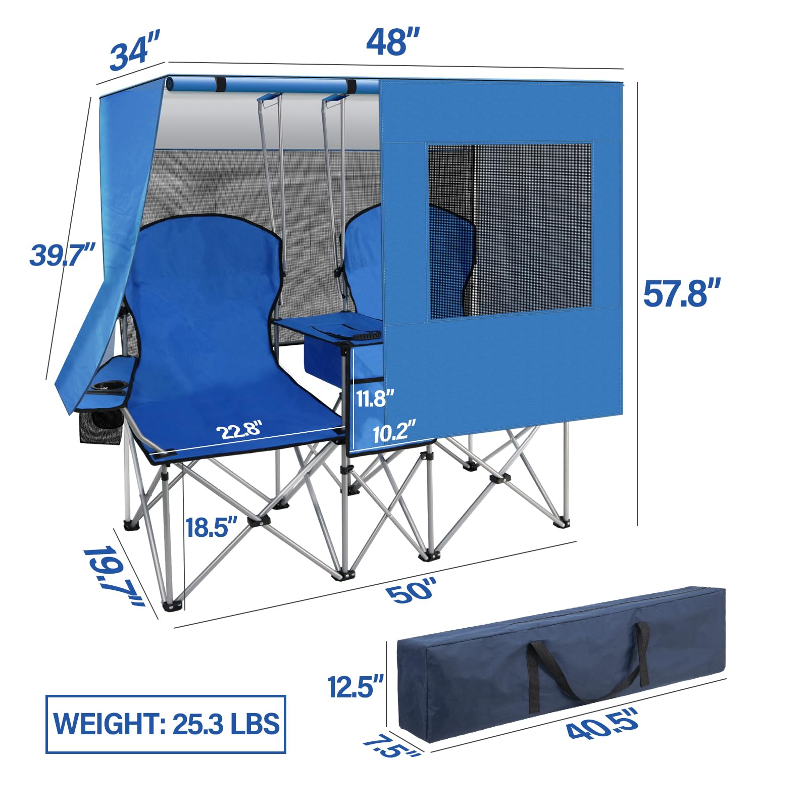 Portable Double Camping Chair with Canopy Shade,Heavy Duty Beach Chairs for Adults,Folding Beach Chair with Cooler Bag for Sports Backyard Fishing Outside（White）