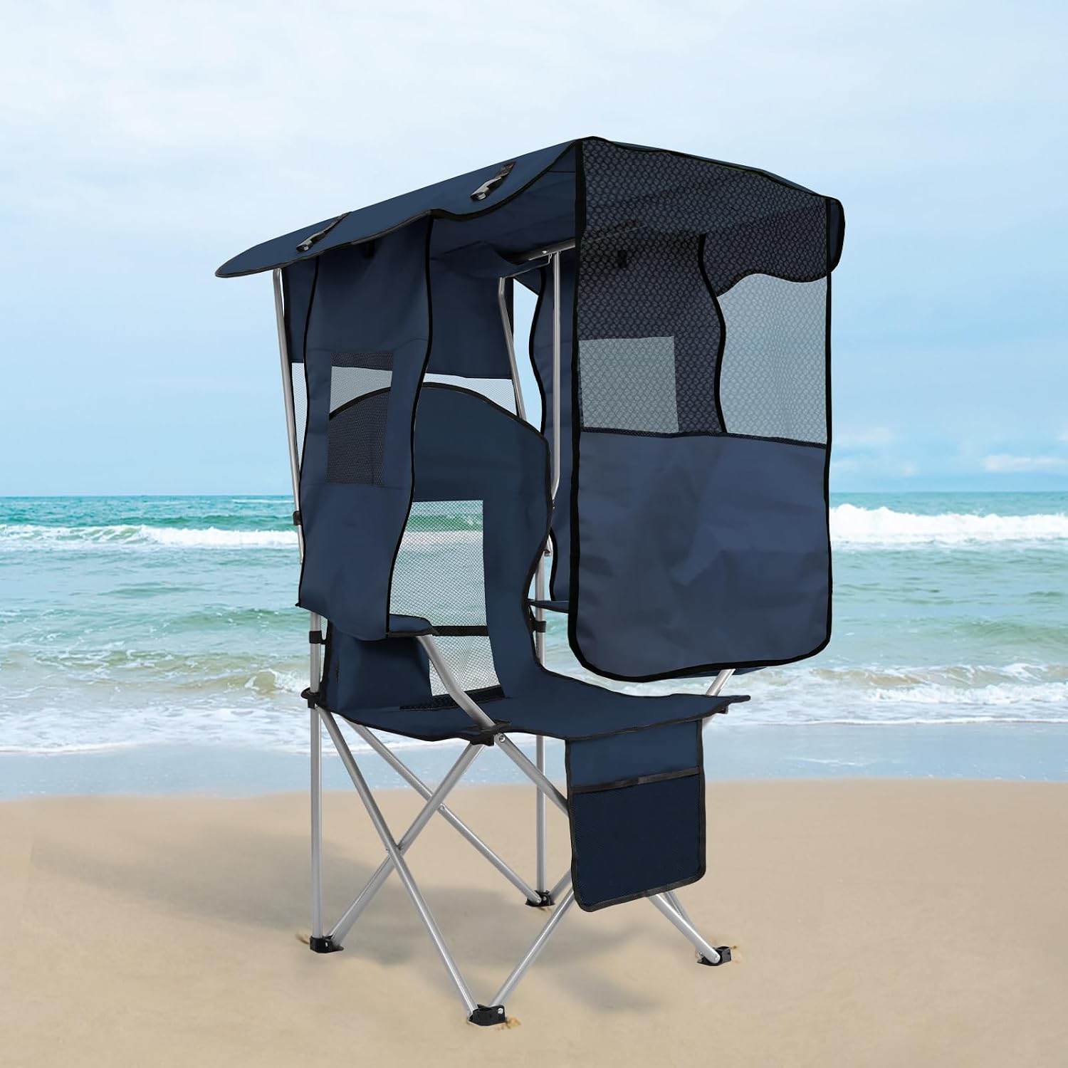 Camping Chair with Adjustable Shade Canopy, Portable Folding Chair for Adults, Heavy Duty Outdoor Sports, Beach, Camping, Fishing - Phone & Cup Holder, Cooler Bag, Supports 330LBS (White)