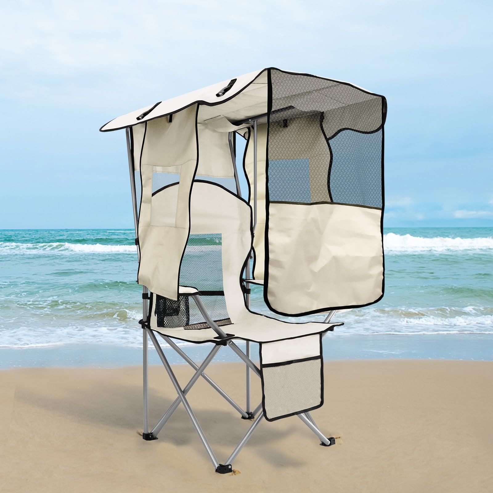 Camping Chair with Adjustable Shade Canopy, Portable Folding Chair for Adults, Heavy Duty Outdoor Sports, Beach, Camping, Fishing - Phone & Cup Holder, Cooler Bag, Supports 330LBS (White)