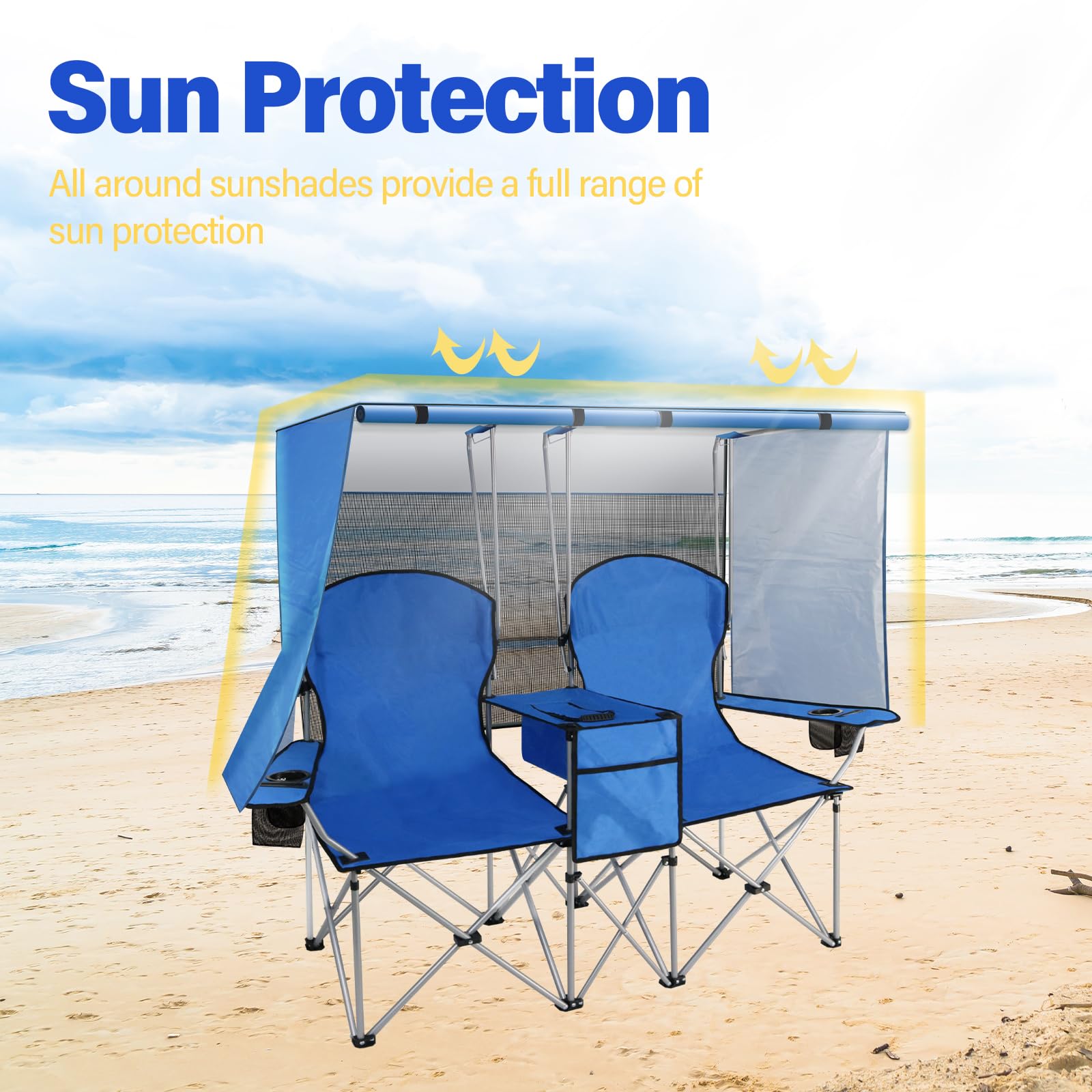 Portable Double Camping Chair with Canopy Shade,Heavy Duty Beach Chairs for Adults,Folding Beach Chair with Cooler Bag for Sports Backyard Fishing Outside（White）