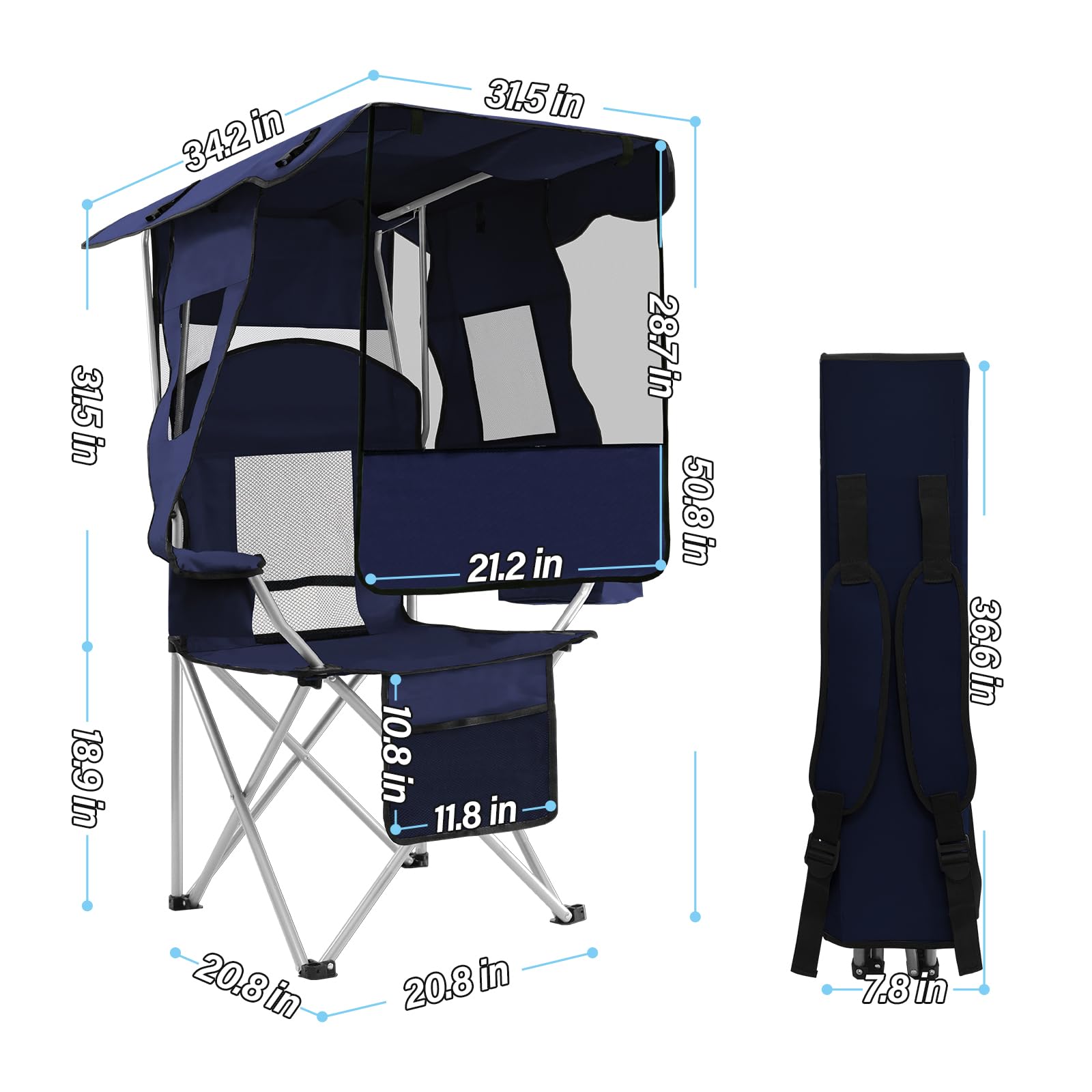 Camping Chair with Adjustable Shade Canopy, Portable Folding Chair for Adults, Heavy Duty Outdoor Sports, Beach, Camping, Fishing - Phone & Cup Holder, Cooler Bag, Supports 330LBS (White)
