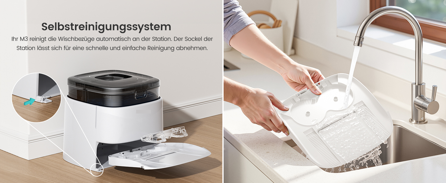 Schrittweise Demonstration eines Reinigungs- oder Wartungssystems, bei dem H&auml;nde mit wei&szlig;en Ger&auml;ten oder Oberfl&auml;chen interagieren.