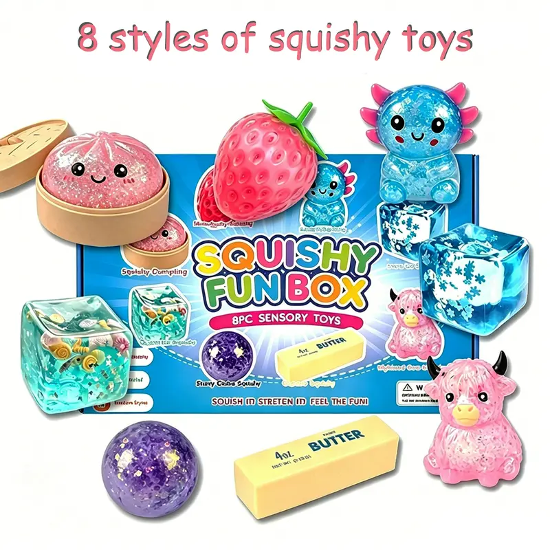 8-Piece Malt Sugar Squishy Pack - Soft Slow Rising Squishies, Squeeze Stress Relief Cubes, Fidgets, Unique Party Bag Gifts, Sensory Room Supplies (8 Different Styles),sohochic