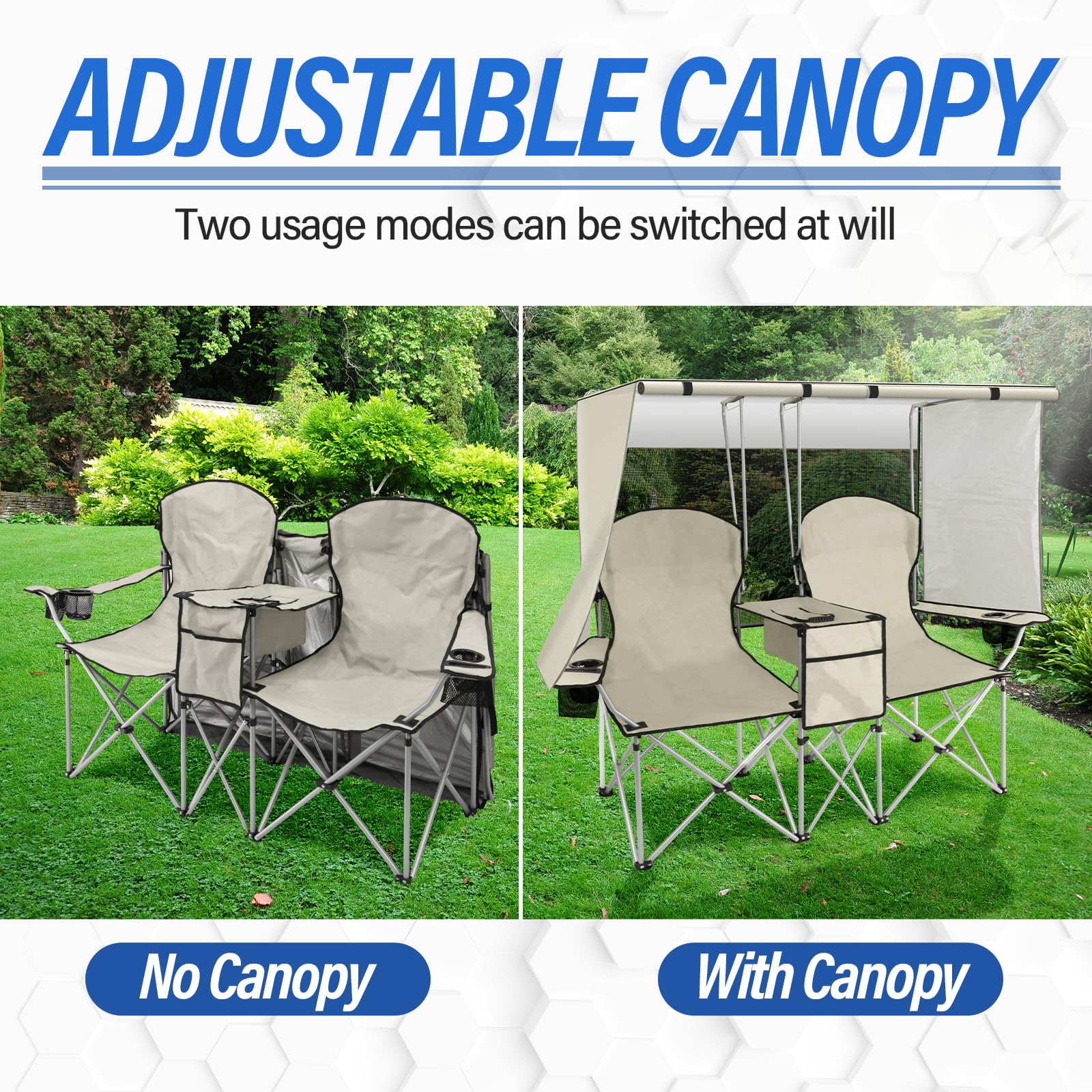 Portable Double Camping Chair with Canopy Shade,Heavy Duty Beach Chairs for Adults,Folding Beach Chair with Cooler Bag for Sports Backyard Fishing Outside（White）
