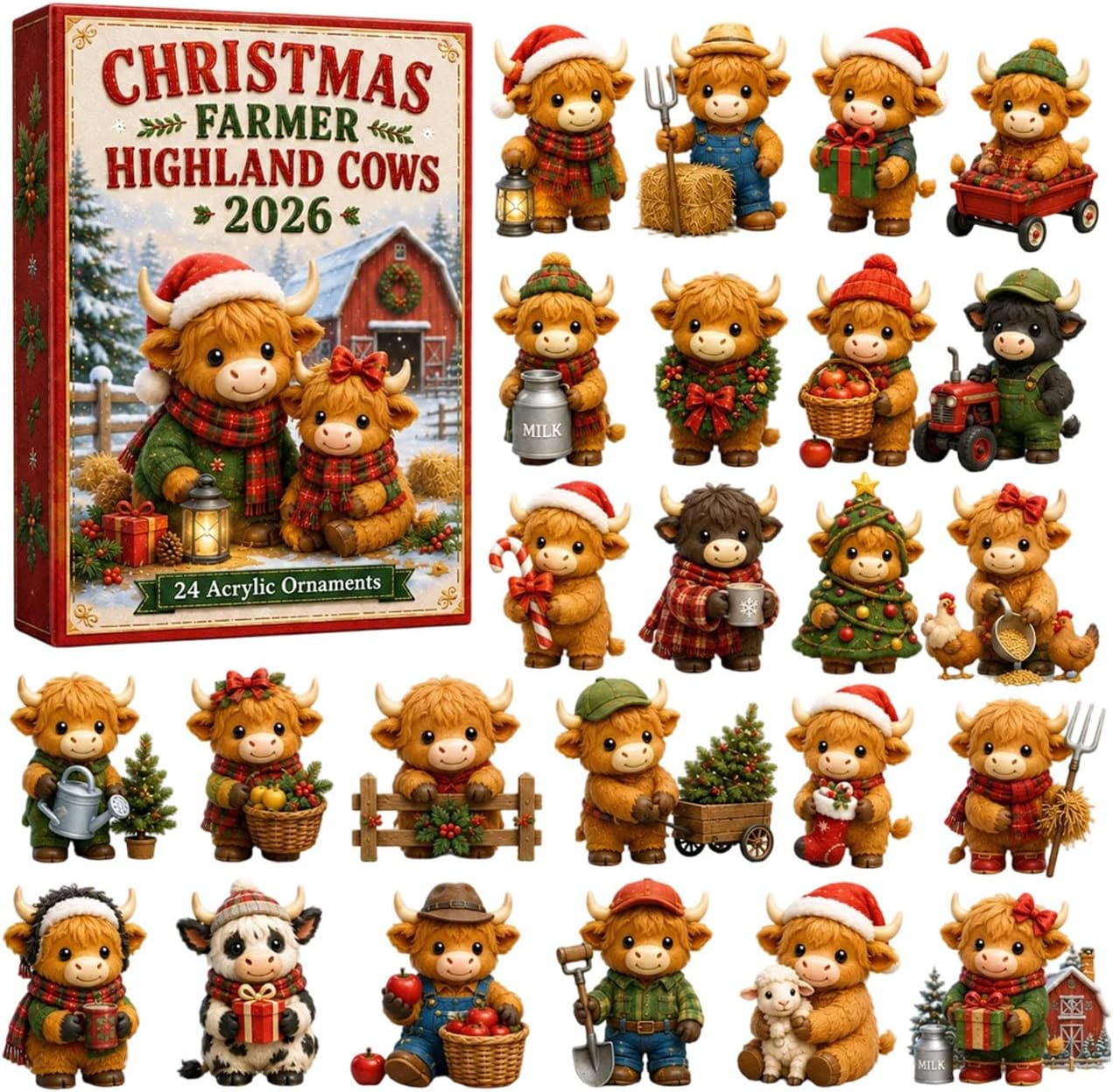 Highland Cow Christmas Advent Calendar – 24 Acrylic Ornaments - Red2