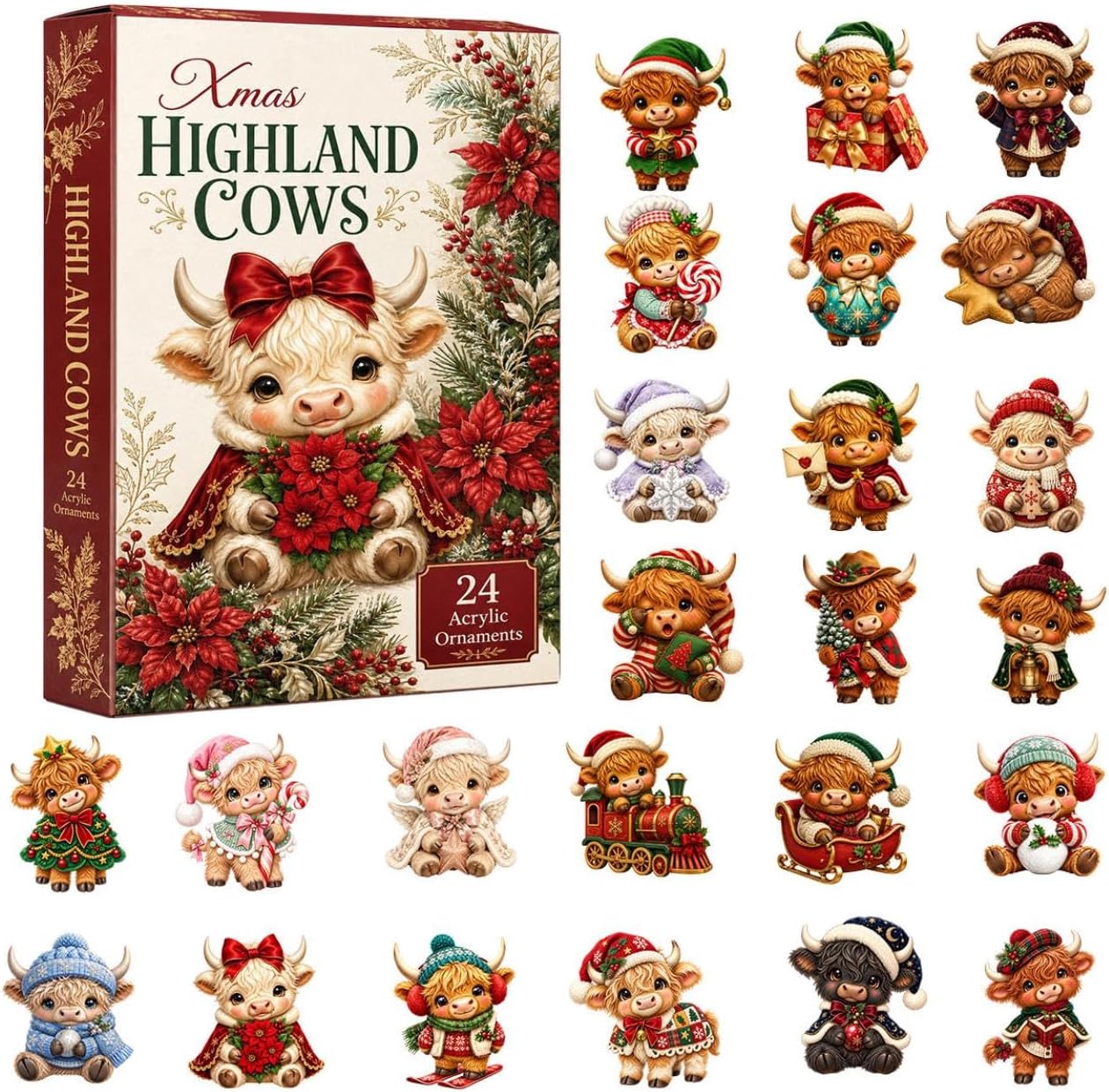 Highland Cow Christmas Advent Calendar – 24 Acrylic Ornaments - Beige