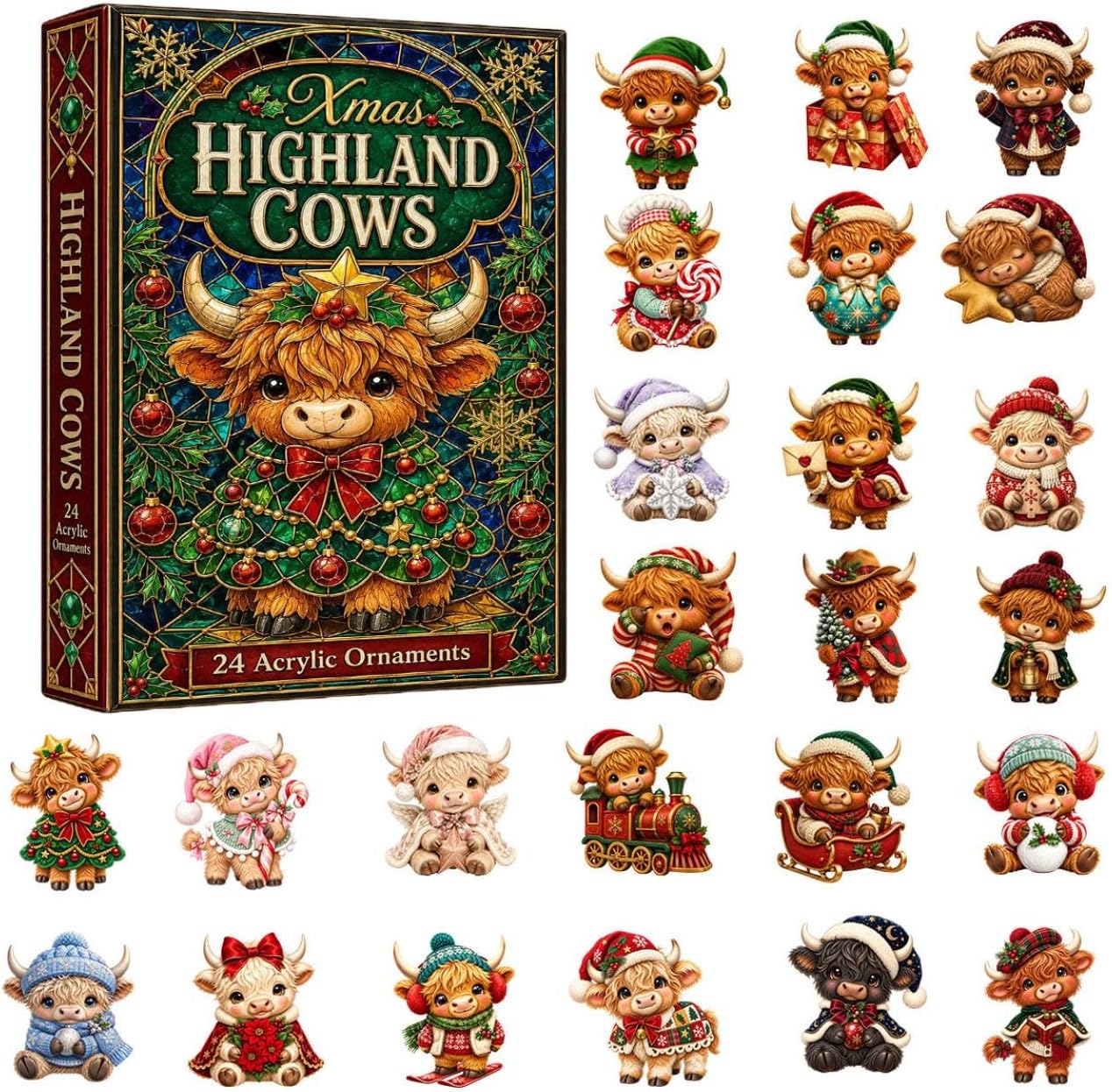 Highland Cow Christmas Advent Calendar – 24 Acrylic Ornaments - Green2