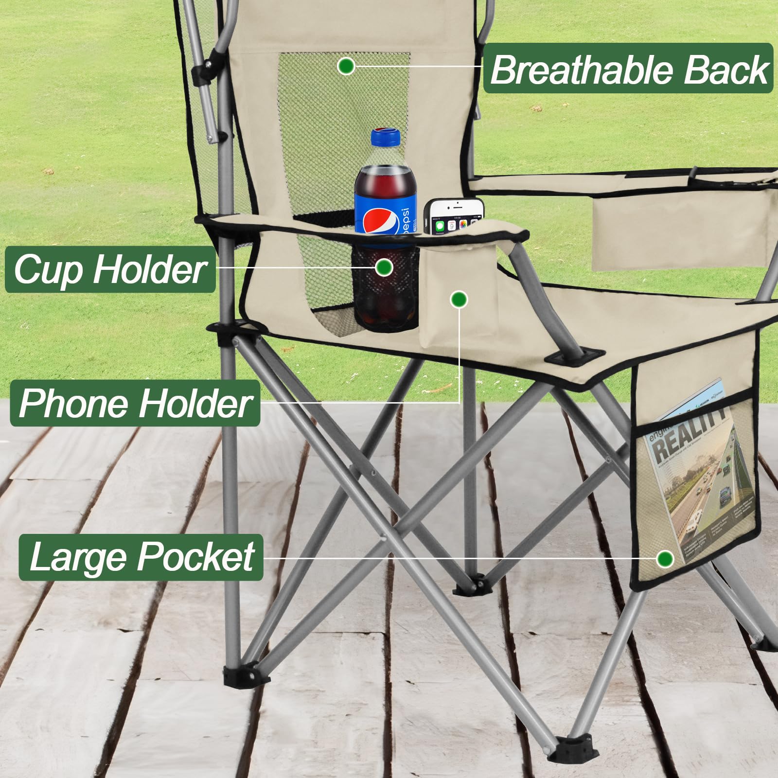 Camping Chair with Adjustable Shade Canopy, Portable Folding Chair for Adults, Heavy Duty Outdoor Sports, Beach, Camping, Fishing - Phone & Cup Holder, Cooler Bag, Supports 330LBS (White)