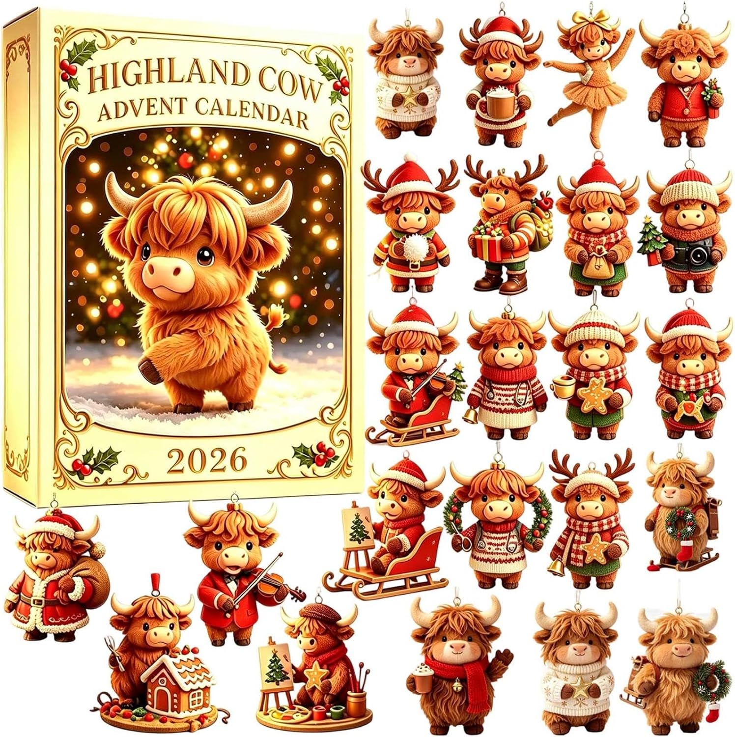 Highland Cow Christmas Advent Calendar – 24 Acrylic Ornaments - Gold1