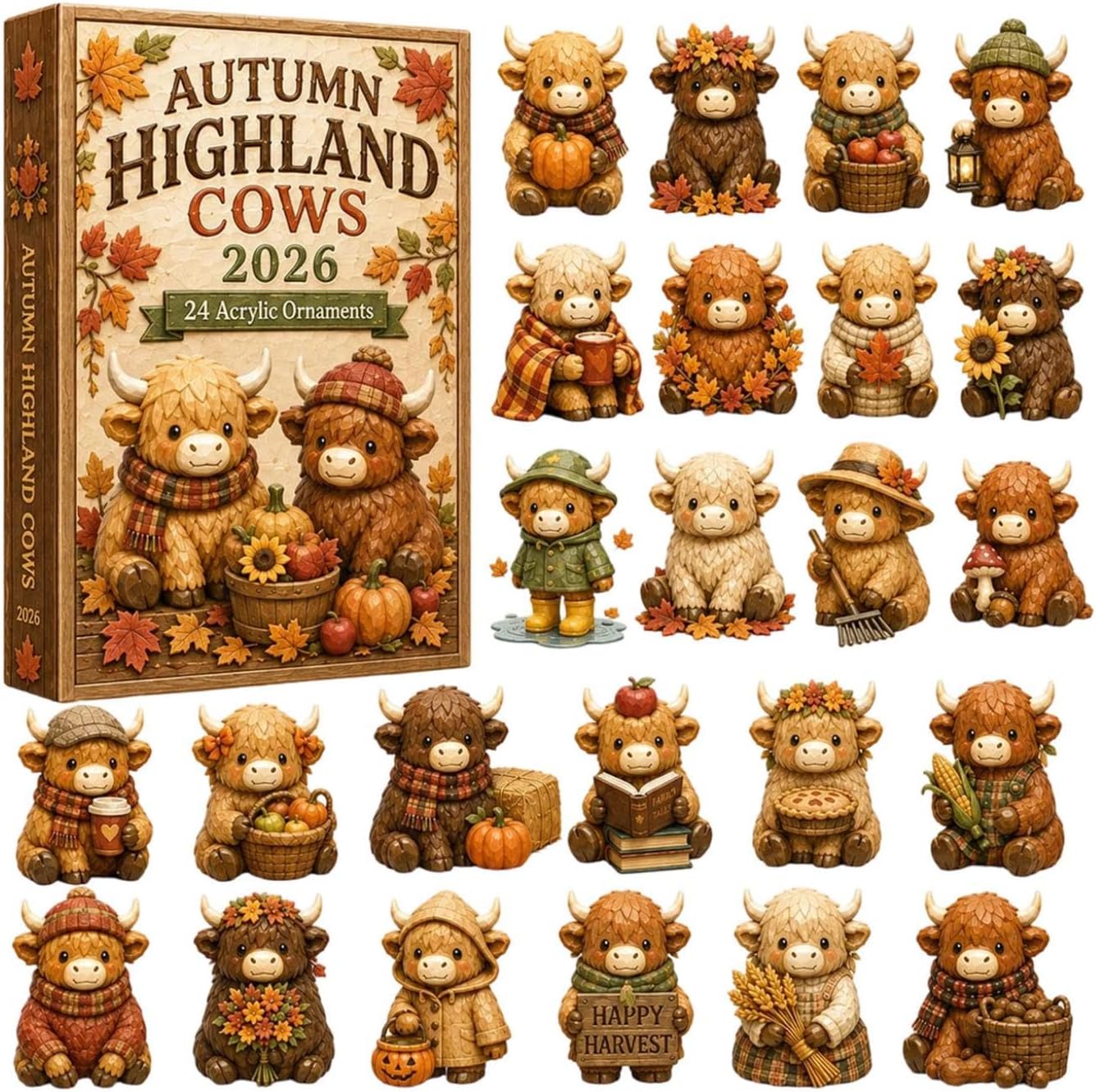 Highland Cow Christmas Advent Calendar – 24 Acrylic Ornaments - Orange