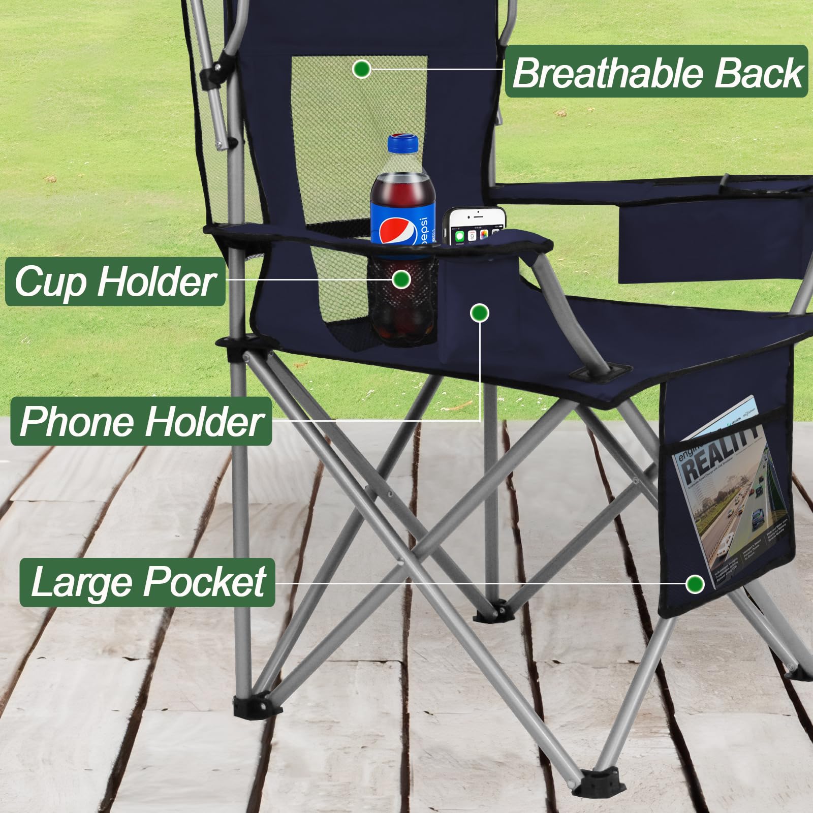 Camping Chair with Adjustable Shade Canopy, Portable Folding Chair for Adults, Heavy Duty Outdoor Sports, Beach, Camping, Fishing - Phone & Cup Holder, Cooler Bag, Supports 330LBS (White)