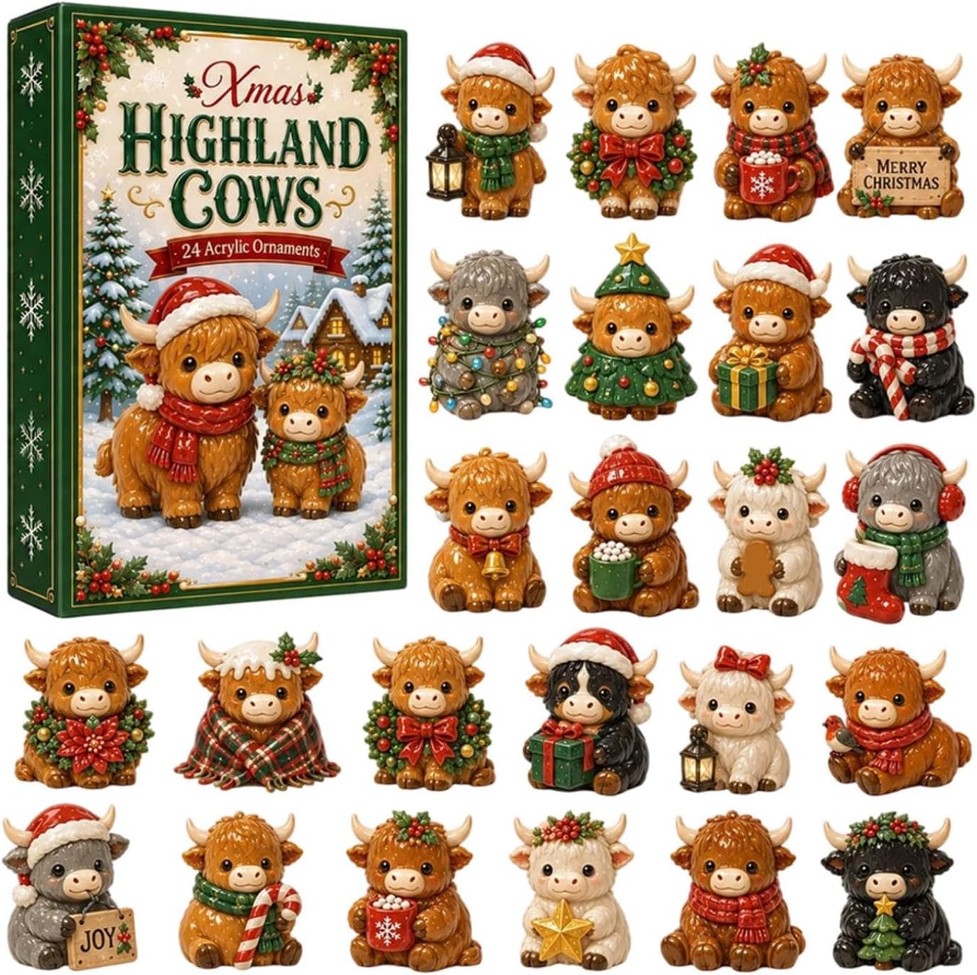 Highland Cow Christmas Advent Calendar – 24 Acrylic Ornaments - Green
