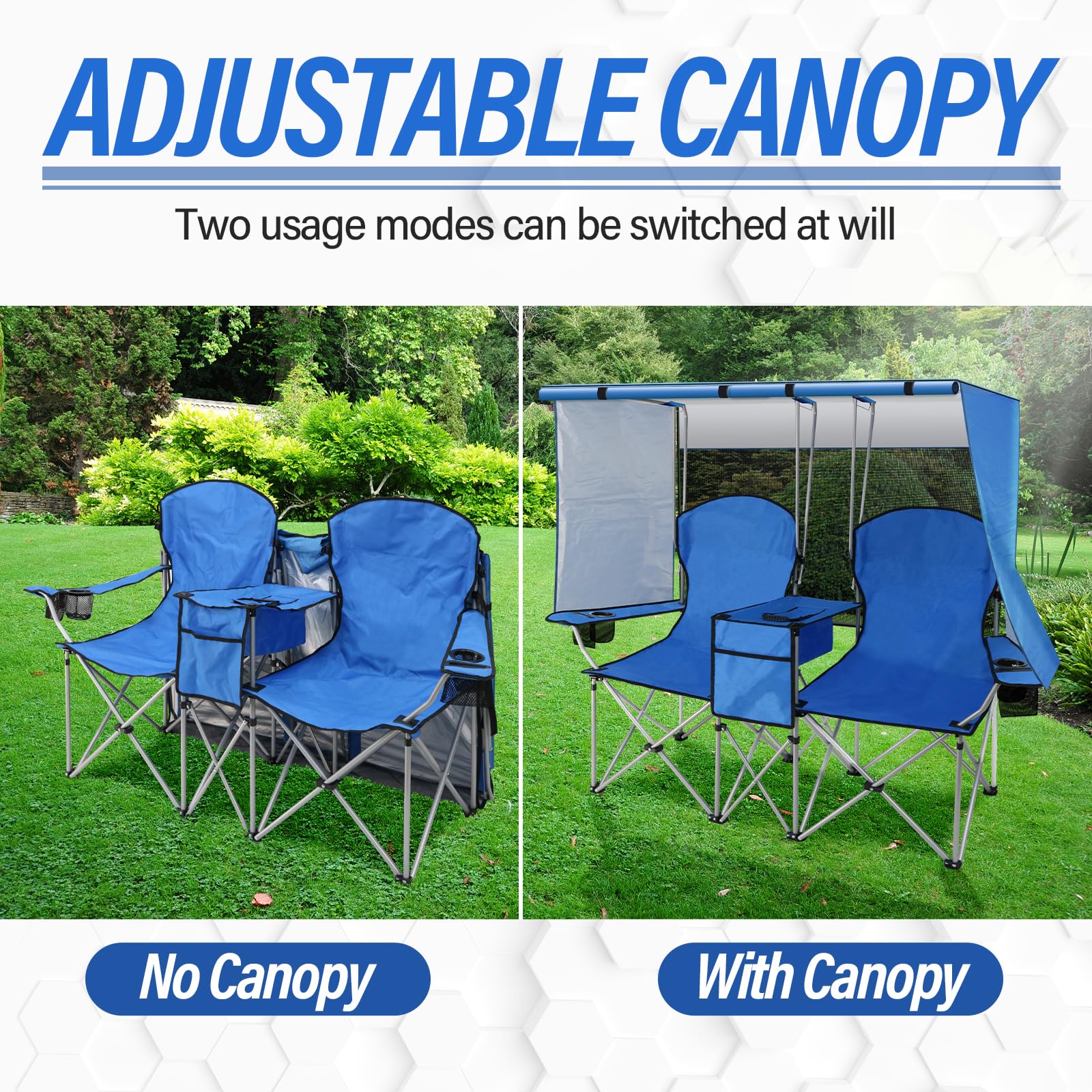 Portable Double Camping Chair with Canopy Shade,Heavy Duty Beach Chairs for Adults,Folding Beach Chair with Cooler Bag for Sports Backyard Fishing Outside（White）