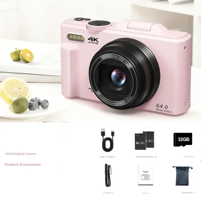 4K Digital Camera for Photography & Content Creators - 64MP, 3-Inch 180° Flip Screen, 18X Digital Zoom, 32GB Micro SD Card, 2 Batteries, Speaker, Lanyard, Cool Gifts for Guys