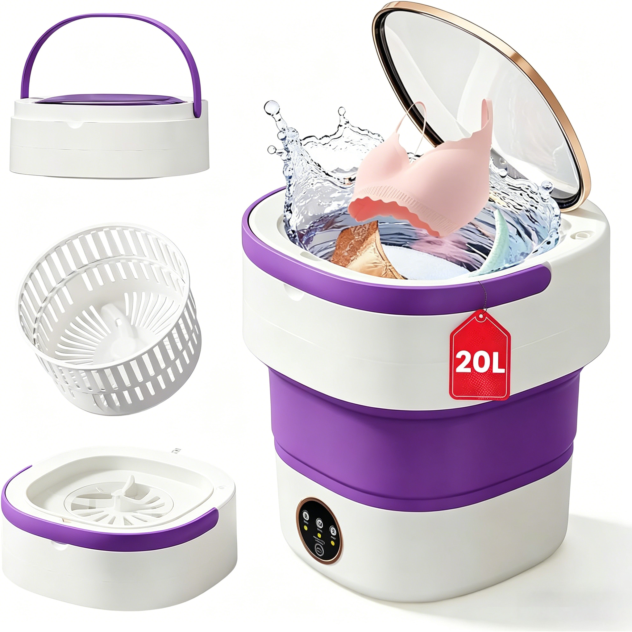 Portable Washing Machine - 20L Mini Foldable Washer with Spin Basket, 3 Cleaning Modes & Deep Cleaning for Small Clothes, Collapsible Laundry for Apartment, Home, Hotel and Travel (Gray)