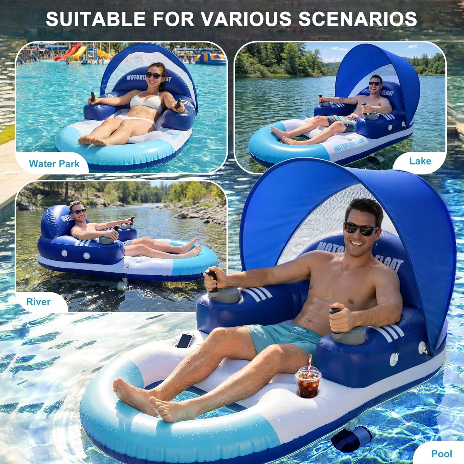 Luxury Motorized Pool Float Lounger with SPF 50+ Canopy – 360° Joystick Steering, Rechargeable Luxury Water Inflatable for Adults (Pool & Lake)