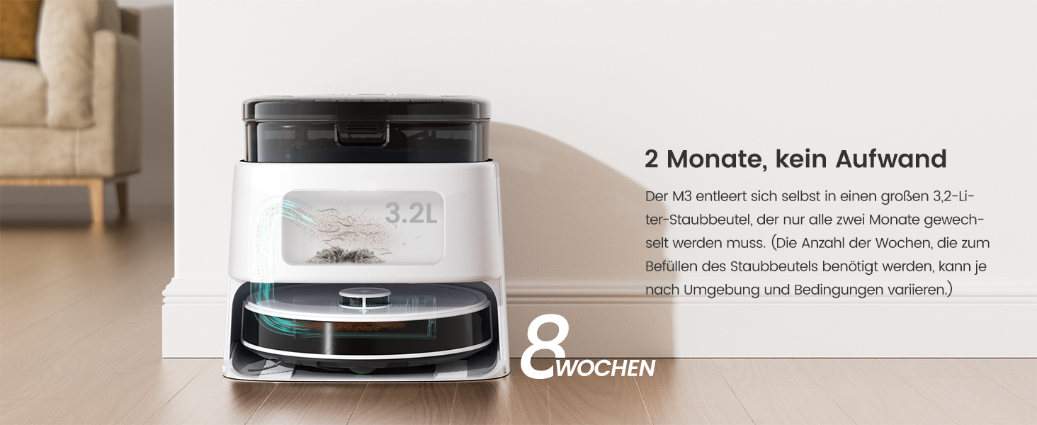 Auf dem Produktbild steht &bdquo;2 Minutos, sin Aufwand&ldquo;, das ein wei&szlig;es zylindrisches Roboterger&auml;t mit technischen Daten zeigt.