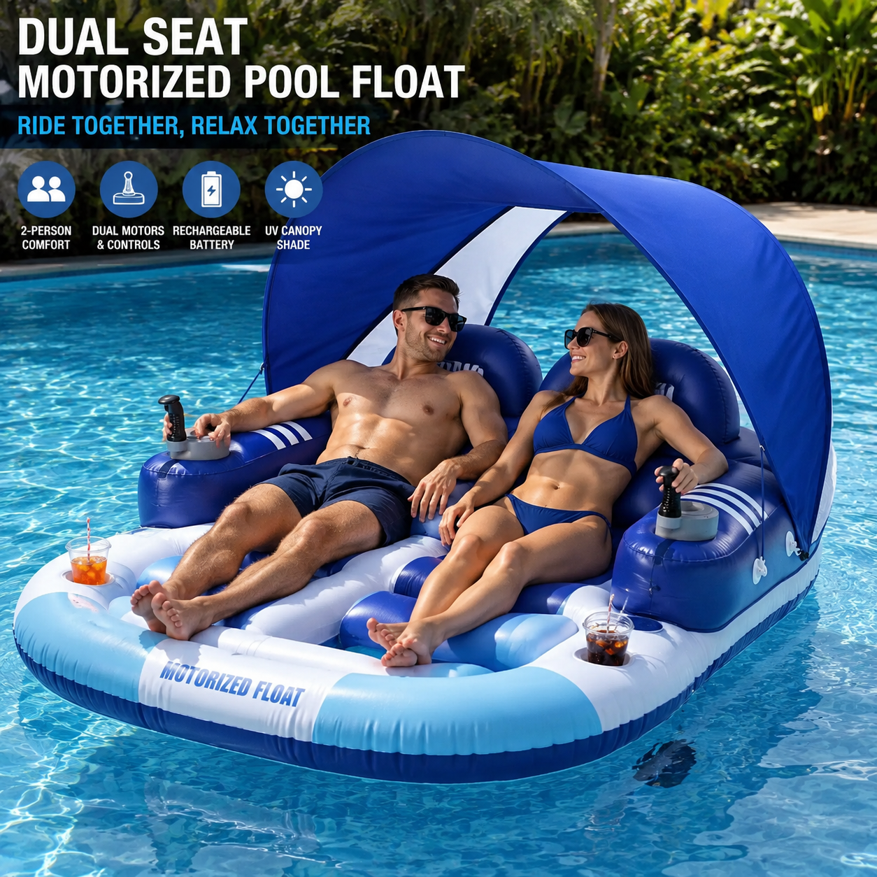 Luxury Motorized Pool Float Lounger with SPF 50+ Canopy – 360° Joystick Steering, Rechargeable Luxury Water Inflatable for Adults (Pool & Lake)