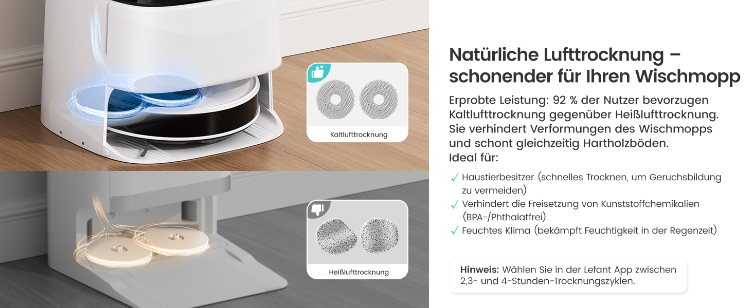 Technische Abbildung, die den Staubsaugerroboter mit Kartierungsfunktion zeigt, einschlie&szlig;lich Navigationssensoren und Reinigungspfaddiagrammen.