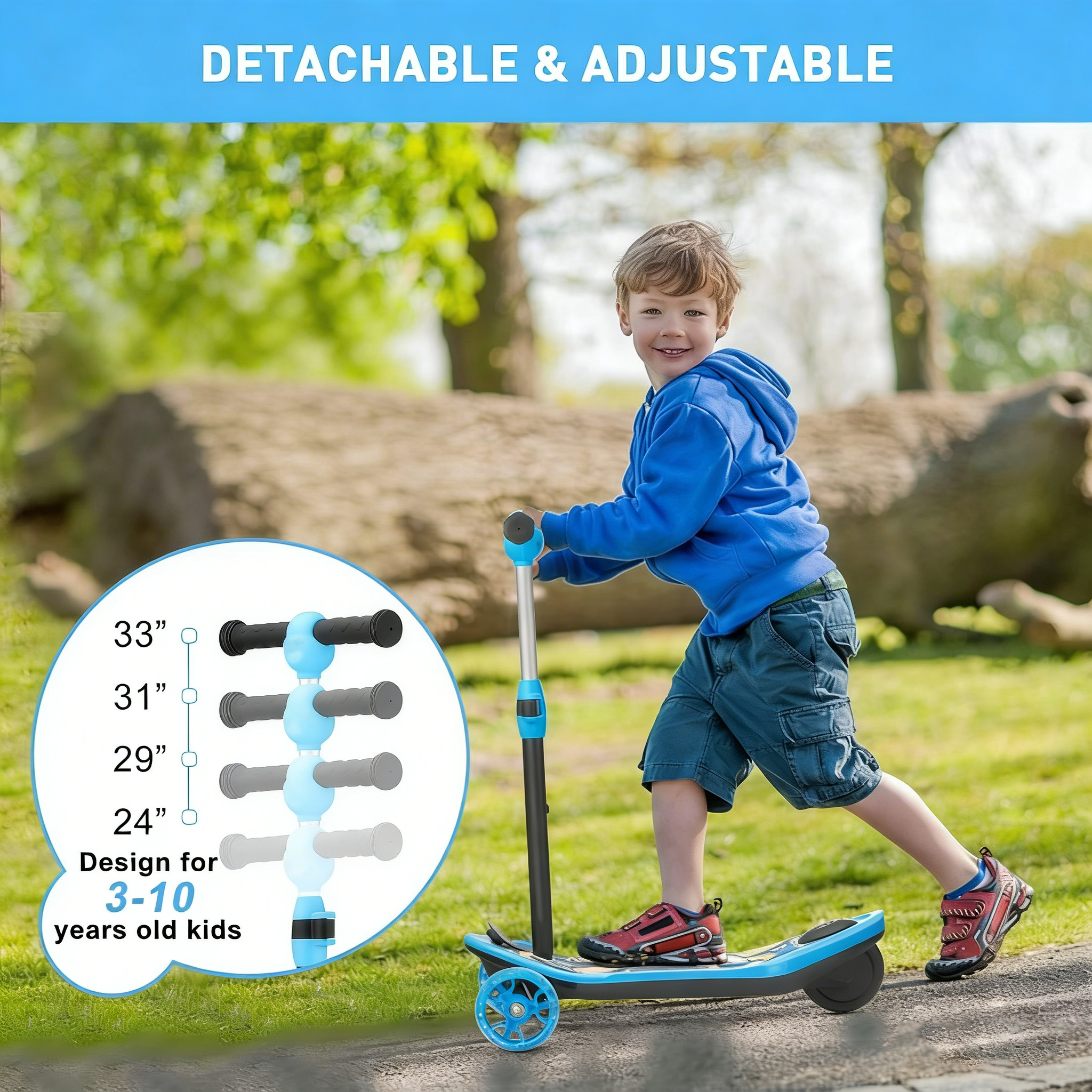 2-in-1 3-Wheel Electric Scooter for Kids (3–12 Years) – Stable, Safe & Fun Ride with LED Wheels | 15 km Range | Up to 50 kg