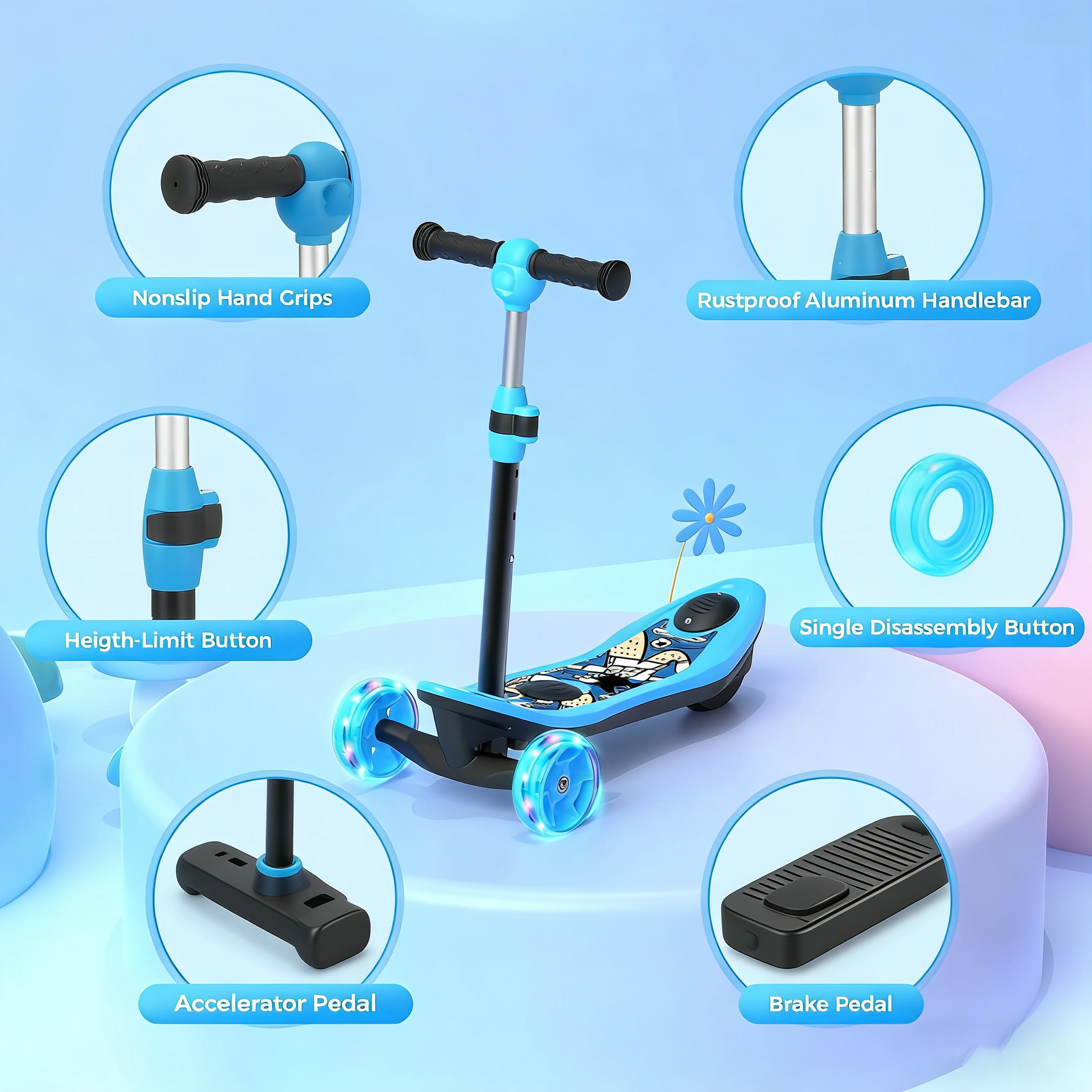 2-in-1 3-Wheel Electric Scooter for Kids (3–12 Years) – Stable, Safe & Fun Ride with LED Wheels | 15 km Range | Up to 50 kg