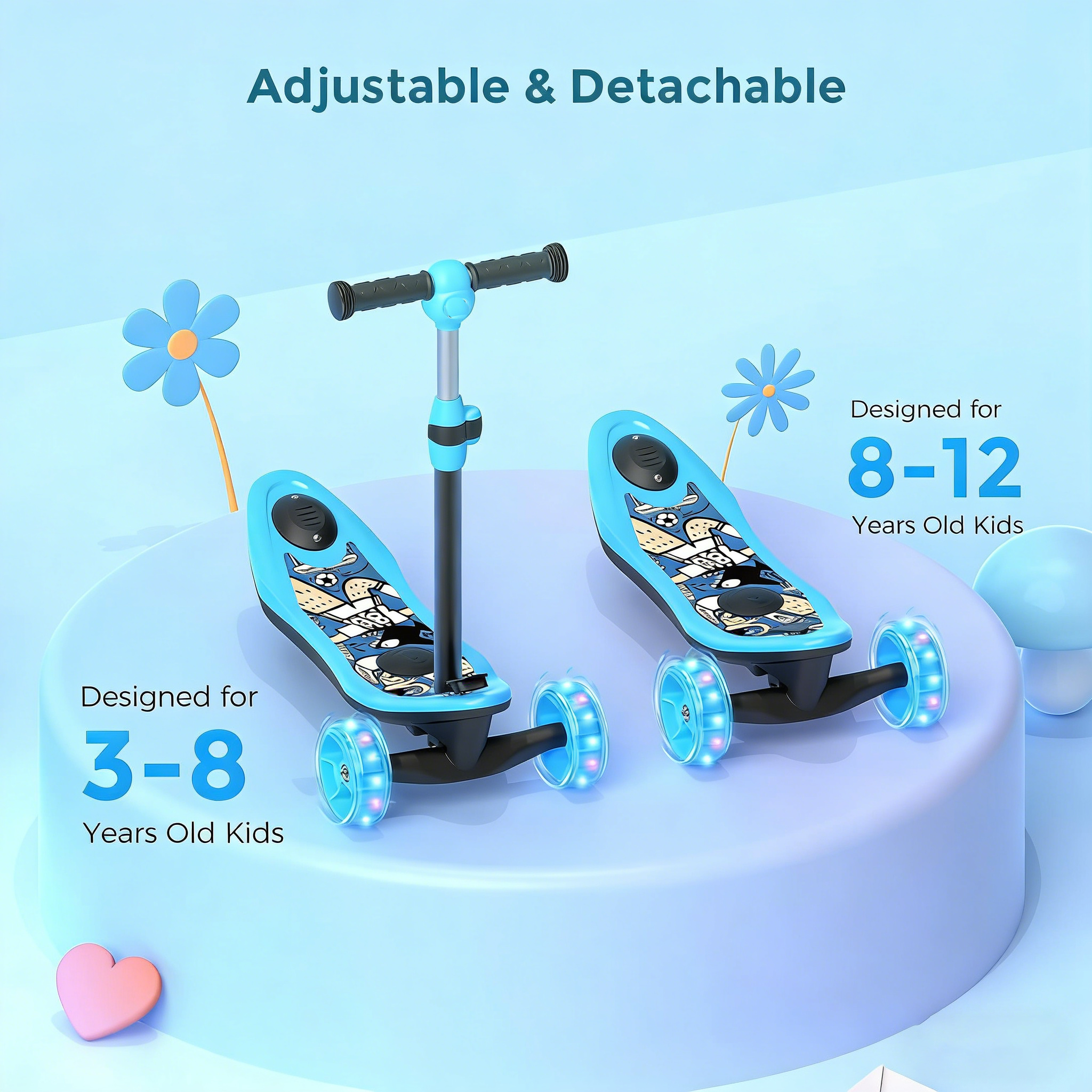 2-in-1 3-Wheel Electric Scooter for Kids (3–12 Years) – Stable, Safe & Fun Ride with LED Wheels | 15 km Range | Up to 50 kg