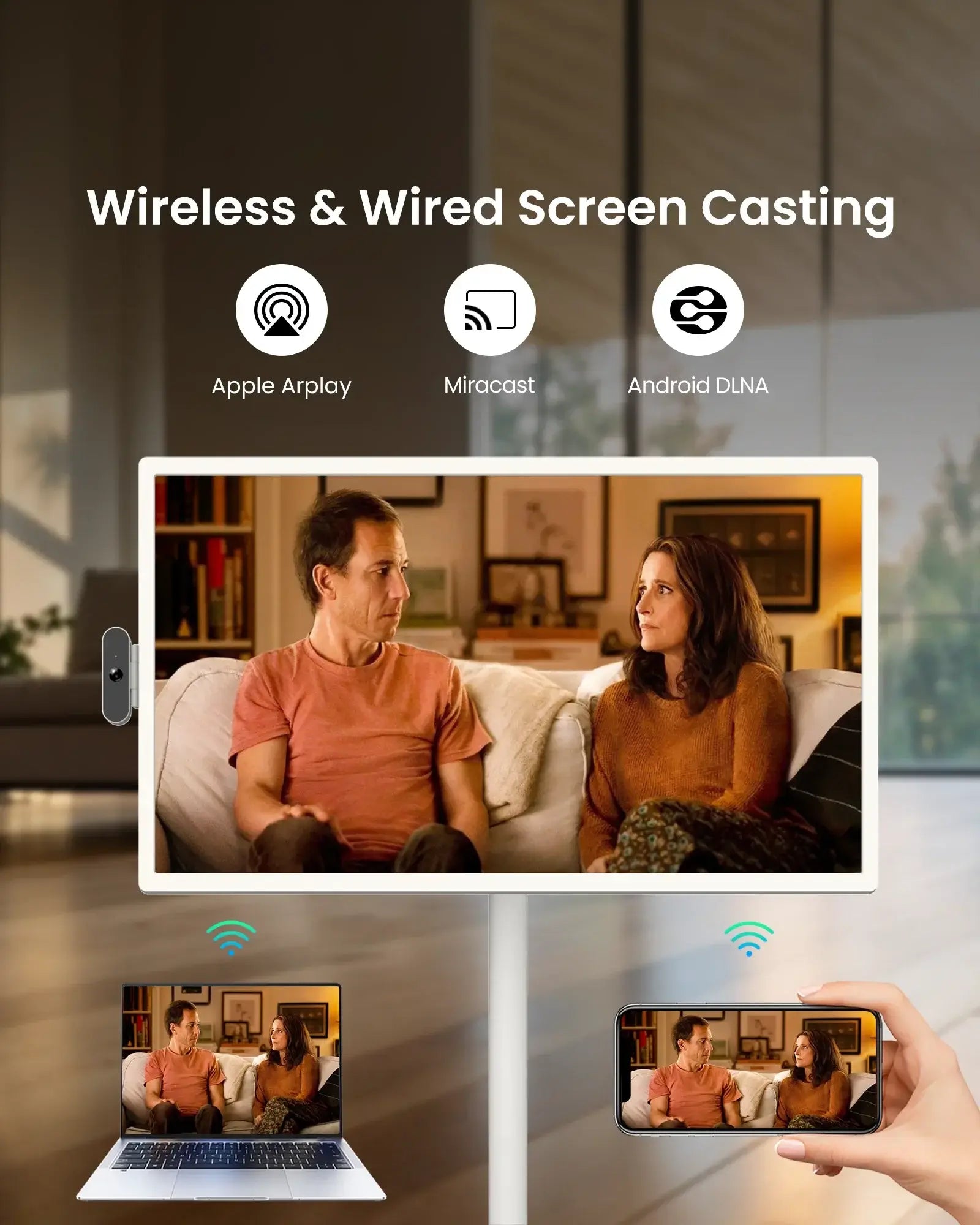 Apolosign 32" Smart TV wirelessly casts to laptop and phone via Airplay, Miracast, Android DLNA.