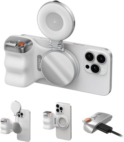 Fun Shot Magnetic Phone Camera Grip With C03 Magnetic Selfie Light (Silver) Bundle Kit
