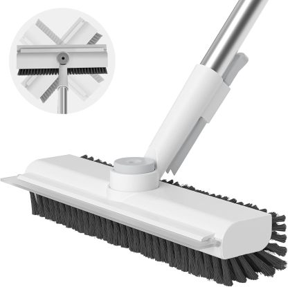 Floor Scrub Brush with Long Handle, 3 in 1 Scrape and Heavy-Duty Stiff Bristle Scrubber Brush