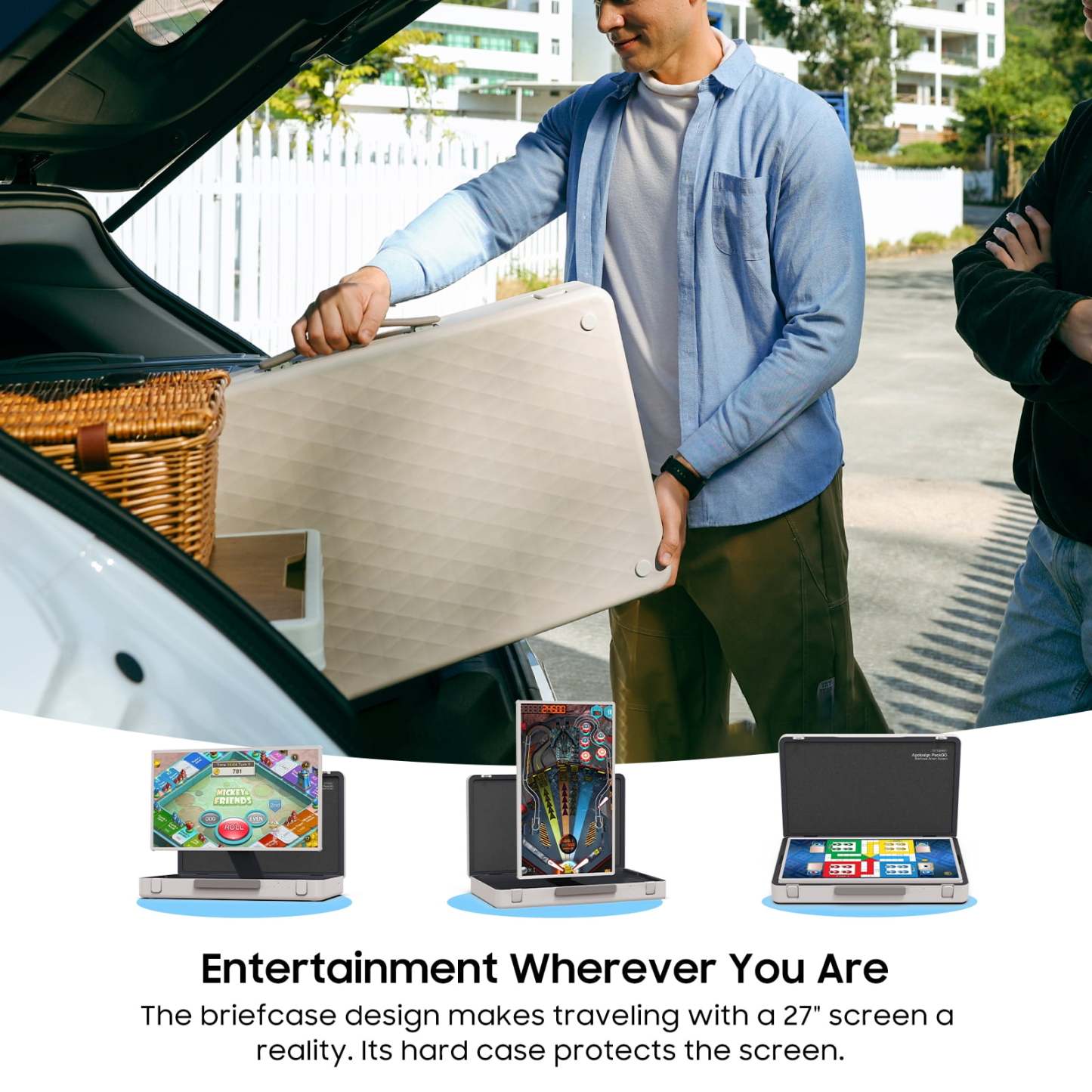 PackGo 27" Smart Portable Touchscreen TV, 1080P Full HD with Built-in 6H Battery, Versatile 90° Rotation Screen & Briefcase Style Design, White