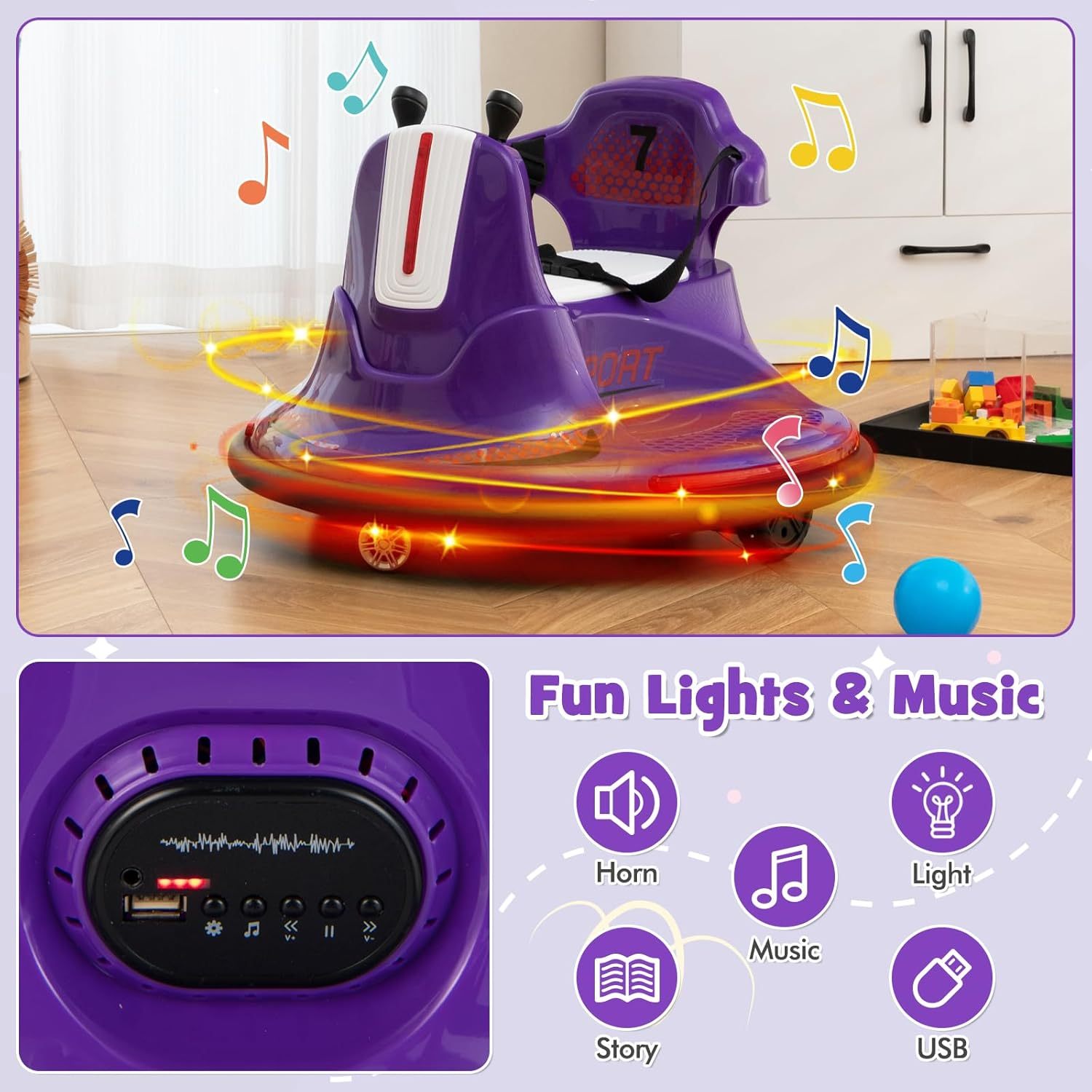 12V Kids Electric Bumper Car with Remote Control, 360° Spin, LED Lights & Music