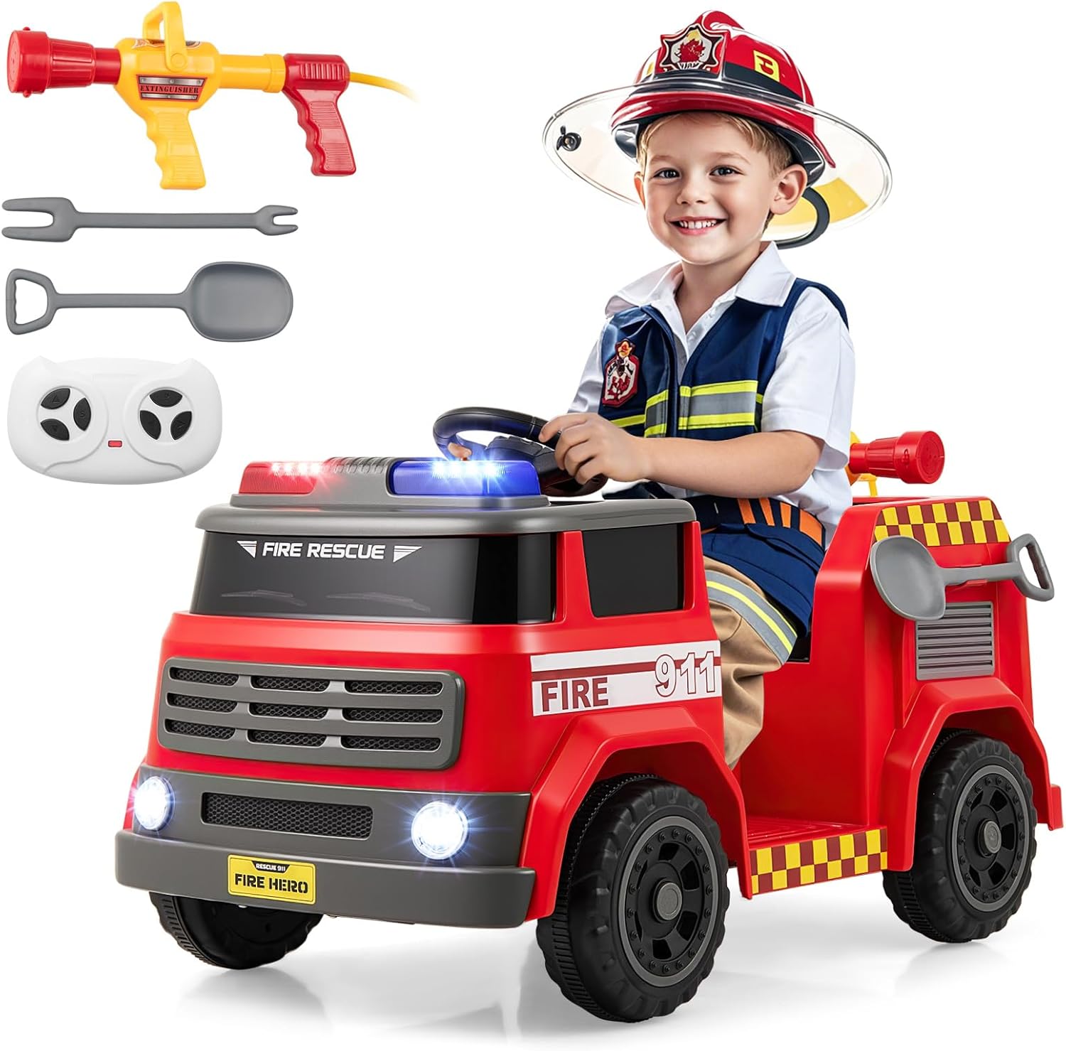 12V Kids Electric Fire Truck with Parental Remote – Safe & Realistic Ride-On Car with Siren, Walkie-Talkies & Bluetooth