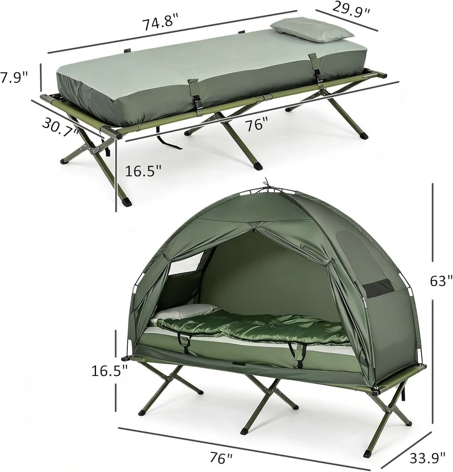 4-in-1 Folding Camping Tent Cot Combo with Mattress, Sleeping Bag & Pillow