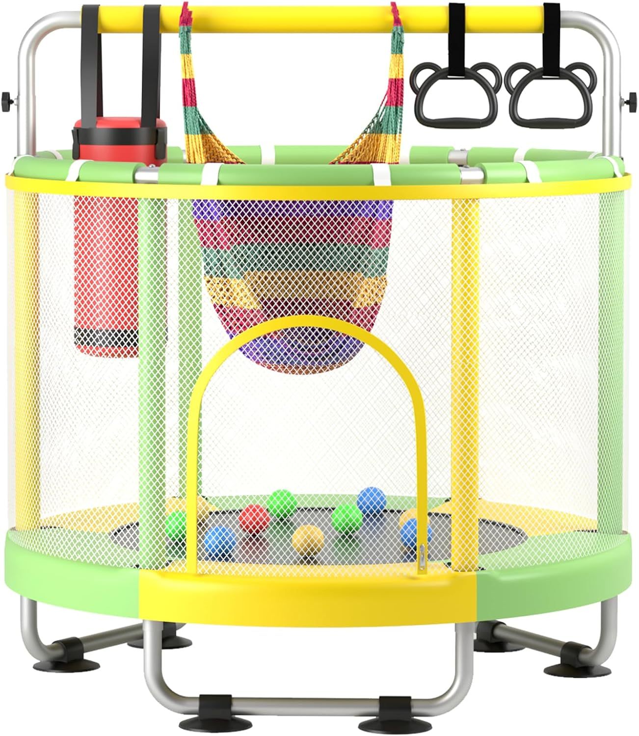 55" Trampoline for Kids with Enclosure, 440lbs Capacity Indoor & Outdoor Toddler Trampoline with Adjustable Gymnastics Bar & Toys, for Boys & Girls