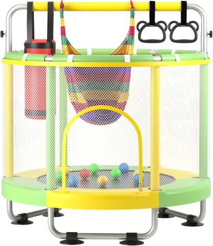55" Trampoline for Kids with Enclosure, 440lbs Capacity Indoor & Outdoor Toddler Trampoline with Adjustable Gymnastics Bar & Toys, for Boys & Girls