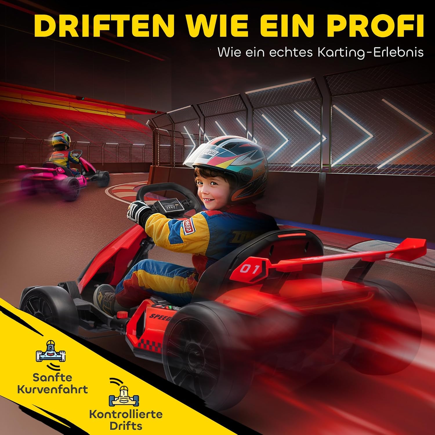 Children's Electric Go-Kart 24 V 6-12 km/h Drift Kart with Drift Mode, Slow Start, 3-Way Adjustable Seat Go Kart with Display Music, Seat Belt Children's Vehicle for 6-12 Years Children Red