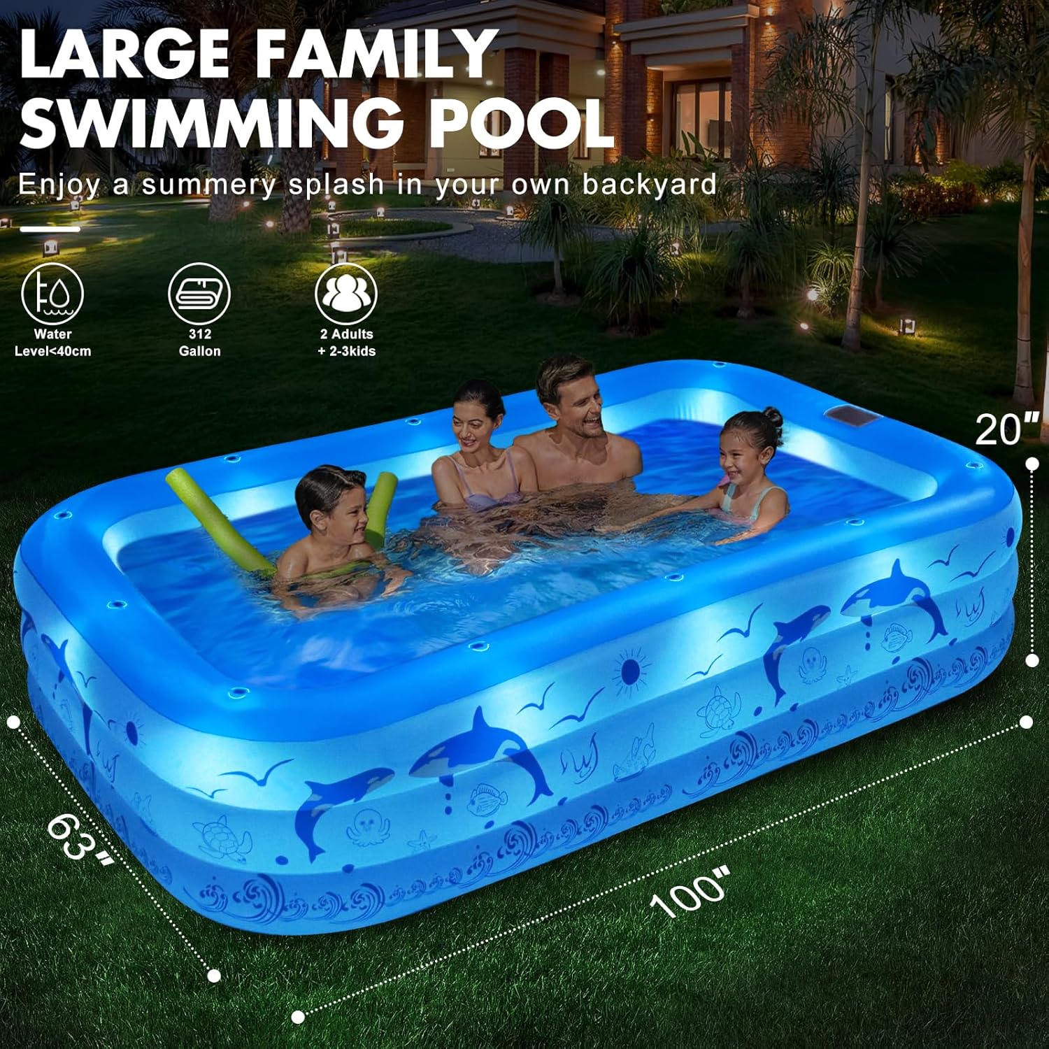 2026 Upgrade Inflatable Pools with Lights, Family Inflatable Swimming Pools for Kids,Adults, Blow Up Pool Solar, Large Kiddie Pool, Durable Thickened Inflatable Family Pool for Backyard-Blue
