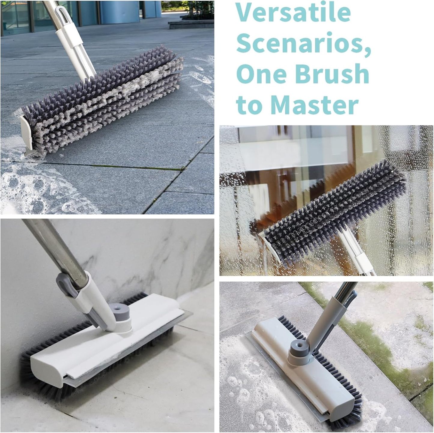 Floor Scrub Brush with Long Handle, 3 in 1 Scrape and Heavy-Duty Stiff Bristle Scrubber Brush
