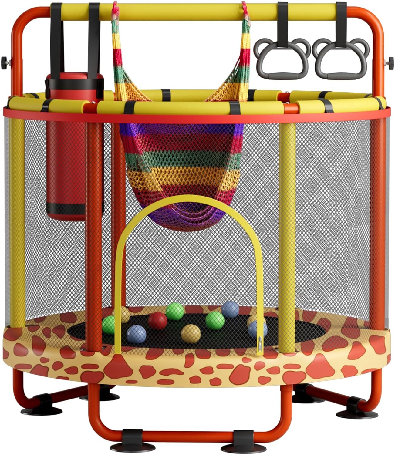 55" Trampoline for Kids with Enclosure, 440lbs Capacity Indoor & Outdoor Toddler Trampoline with Adjustable Gymnastics Bar & Toys, for Boys & Girls