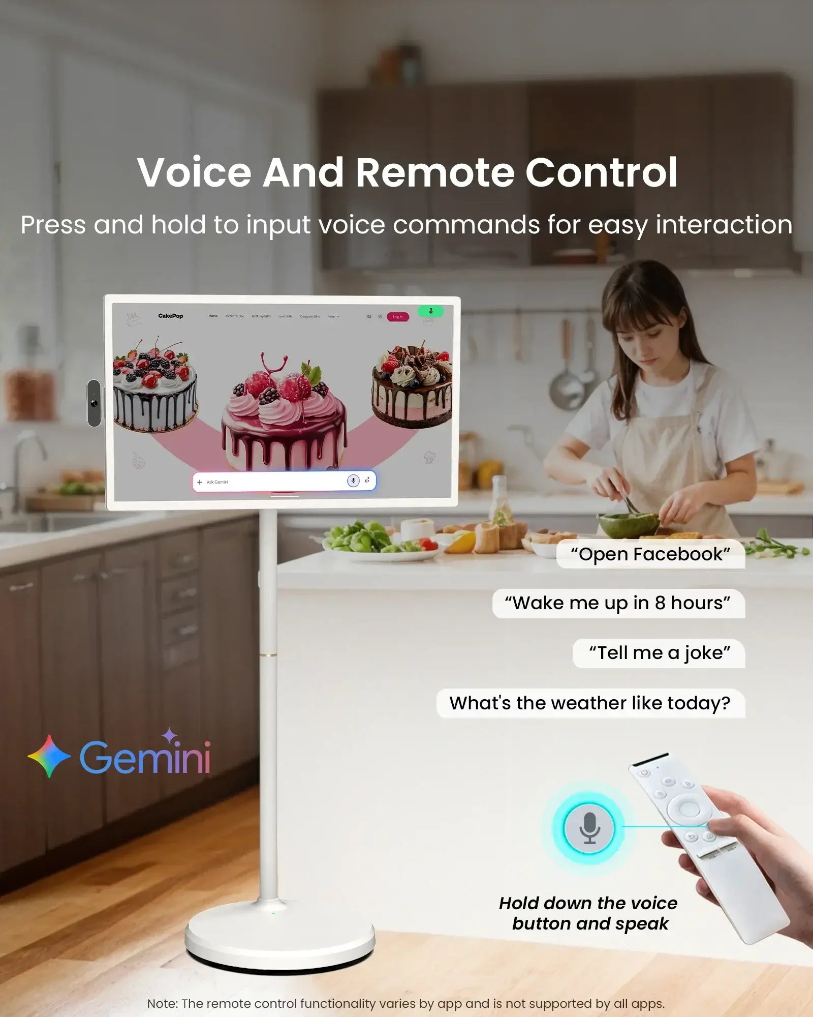 Apolosign 32" smart TV in kitchen demonstrating voice control with Gemini AI and remote. Display shows cake website.