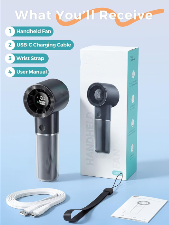 Handheld Portable Fan, 6-Speed Powerful Mini Personal Fan, Rechargeable 5000mAh Battery with Up to 15 Hours Runtime, Pocket Turbo Fan with Smart LED Display, Ideal for Travel, Camping, Makeup