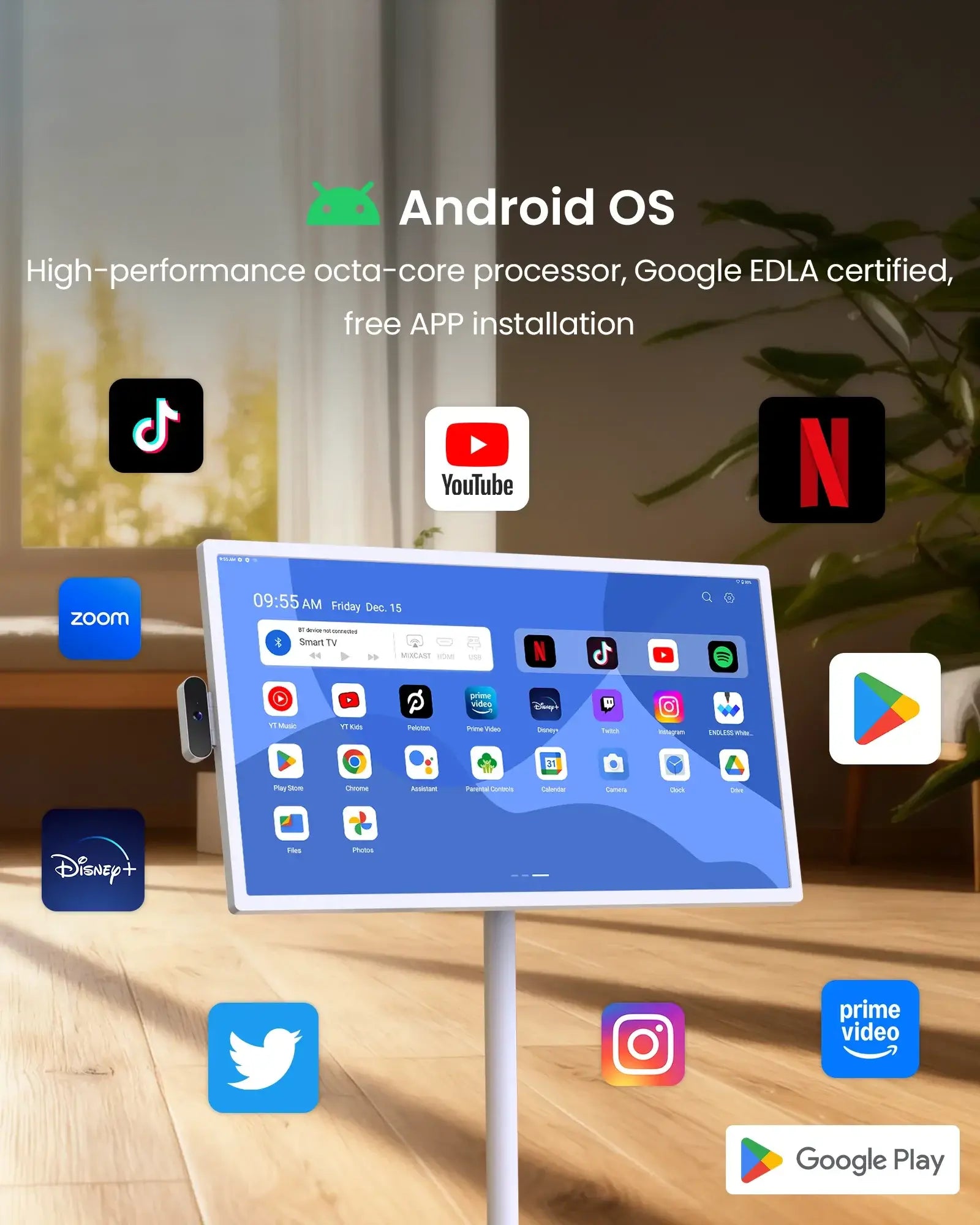 Apolosign 32" smart TV with Android OS, showing Netflix, YouTube, Zoom, Disney+ app icons and Google EDLA certification.