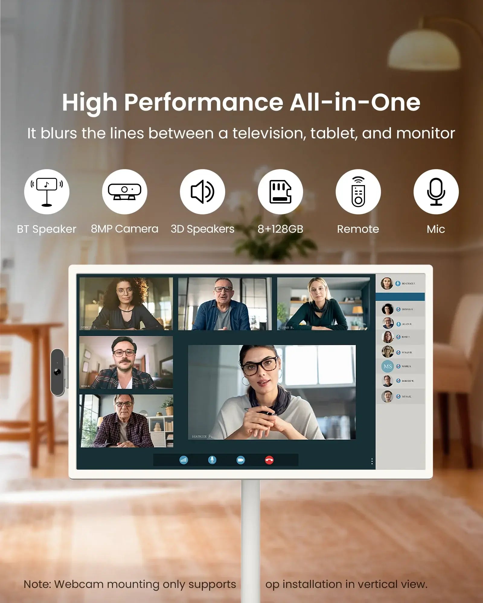 Apolosign 24" smart portable TV on stand showing video conference, BT speaker, 8MP camera, remote and mic icons.