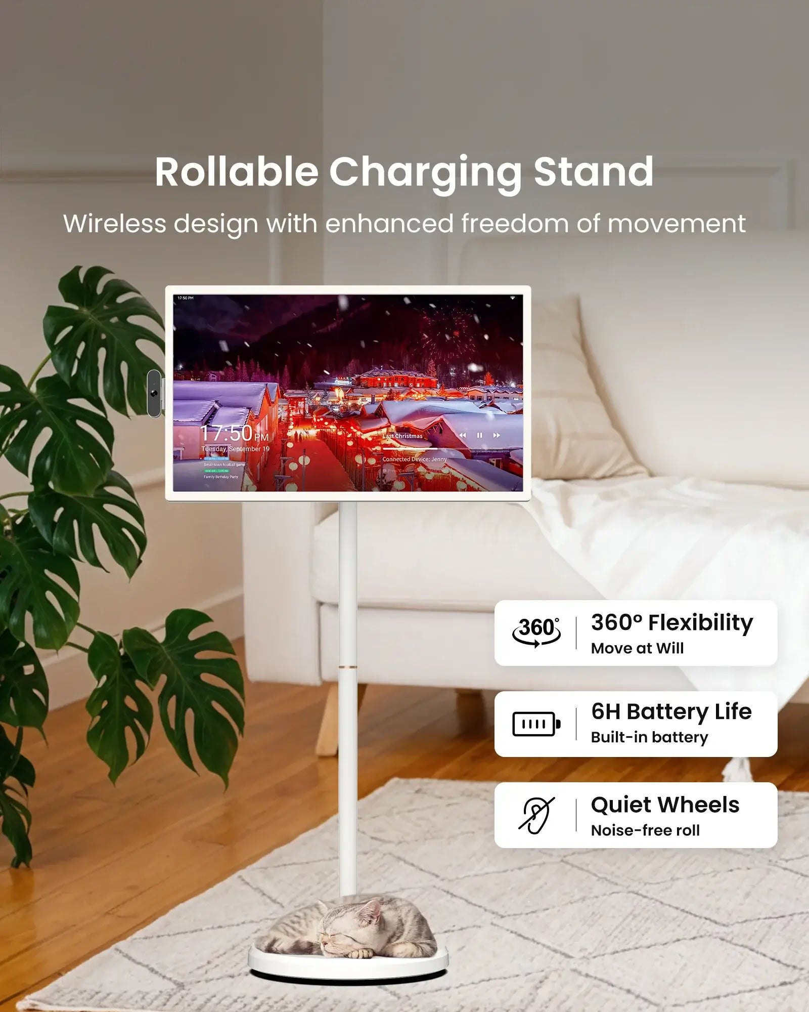 Apolosign 32" portable smart TV on rollable stand, showing winter scene. Features 360&deg; flex, 6H battery, quiet wheels.