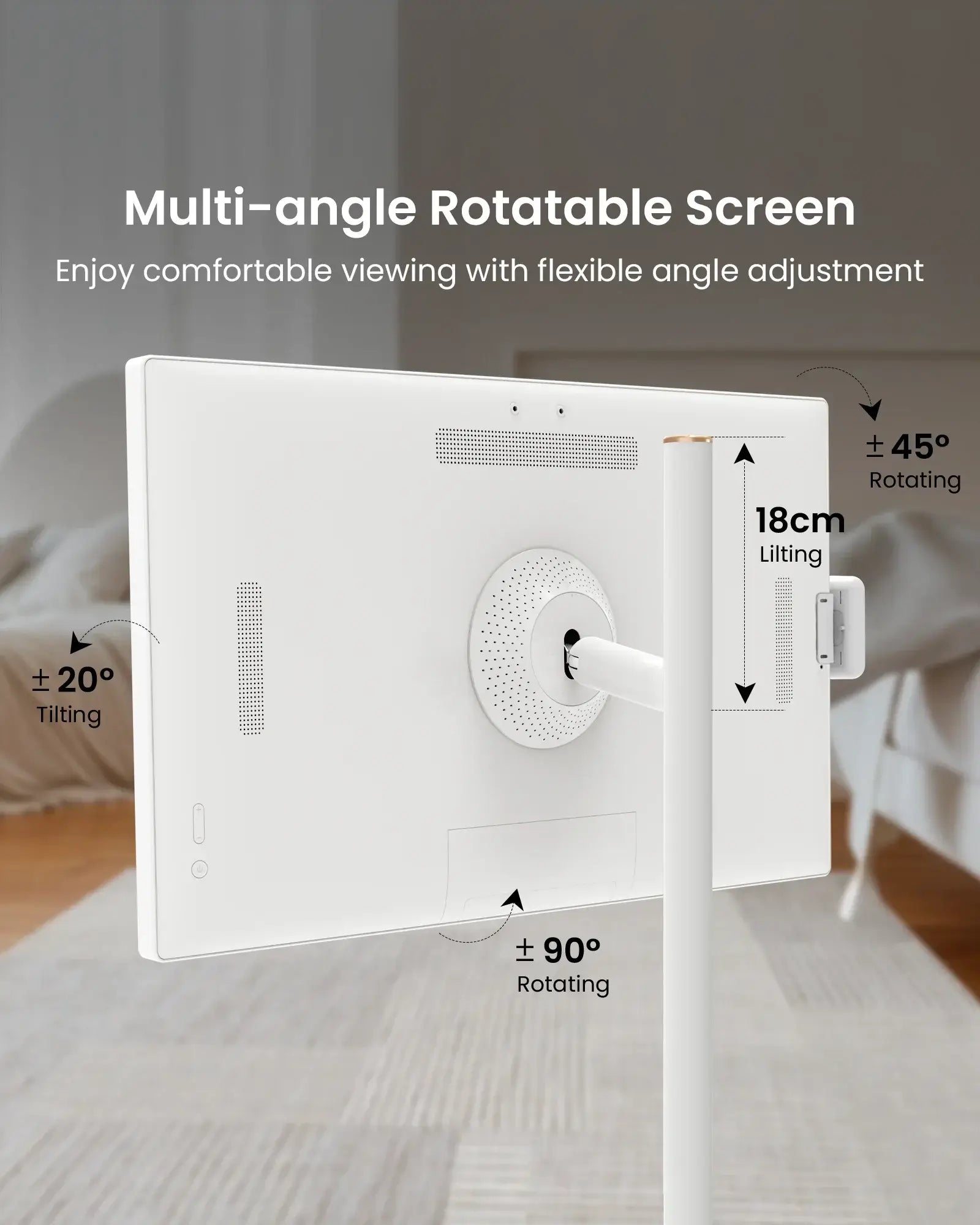 Apolosign 32 inch smart TV rear view on adjustable stand showing &plusmn;20&deg; tilting and &plusmn;90&deg; rotating features.