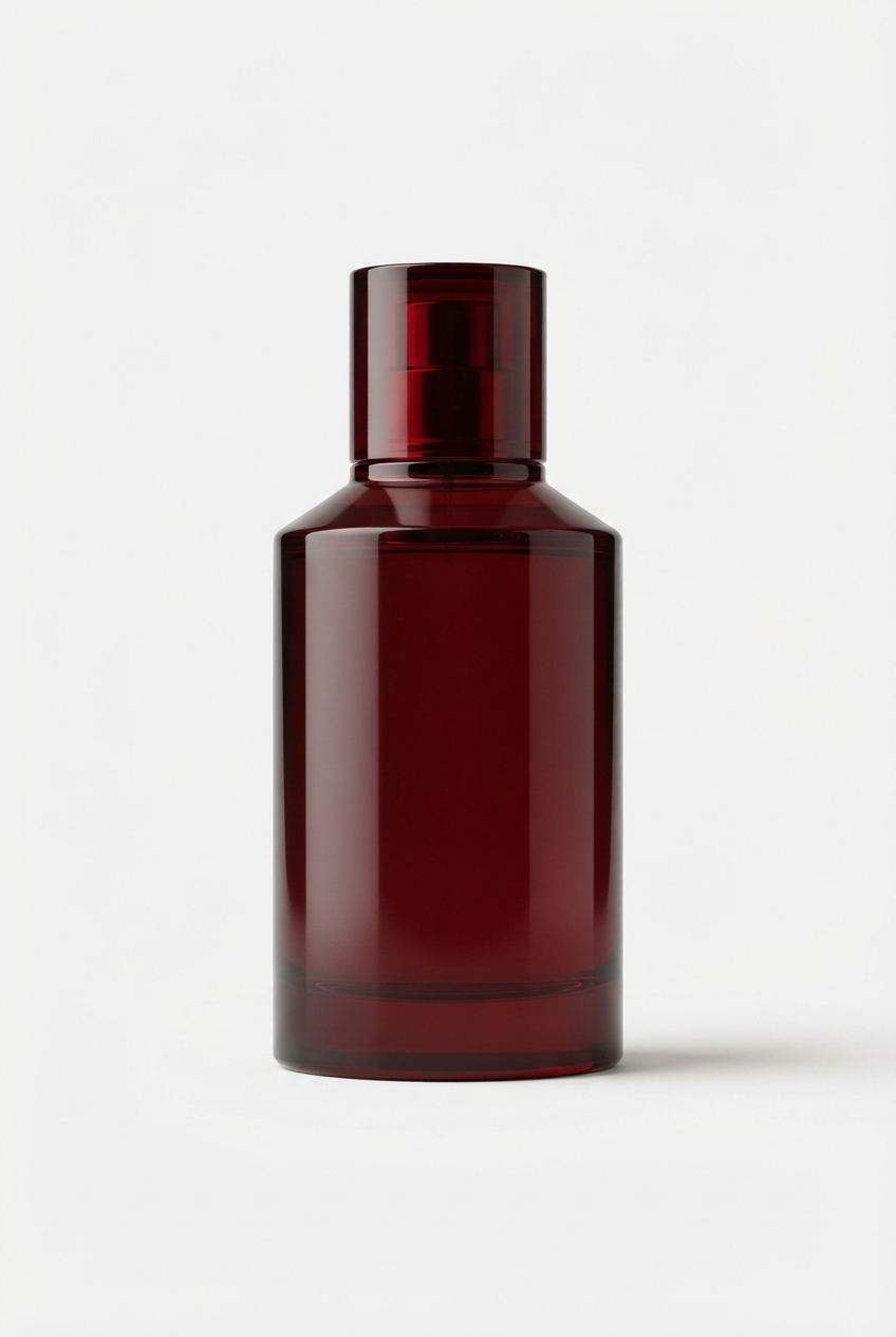 Dark red men's night perfume bottle on minimal background