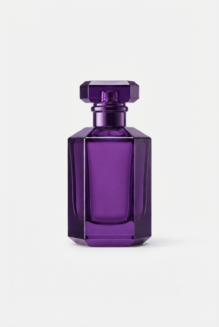 Purple women's evening perfume bottle on clean background