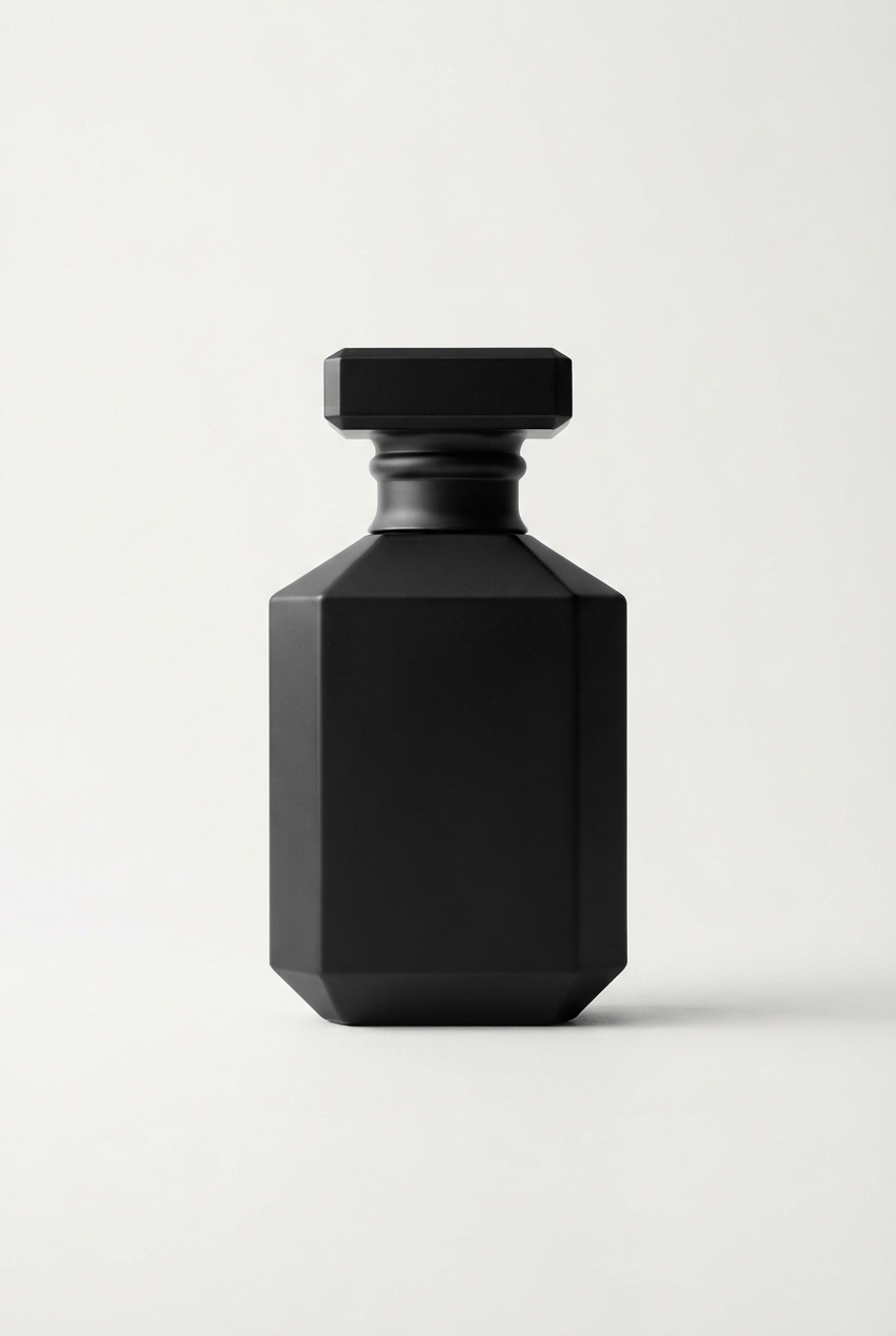 Black minimalist men's perfume bottle on off-white background