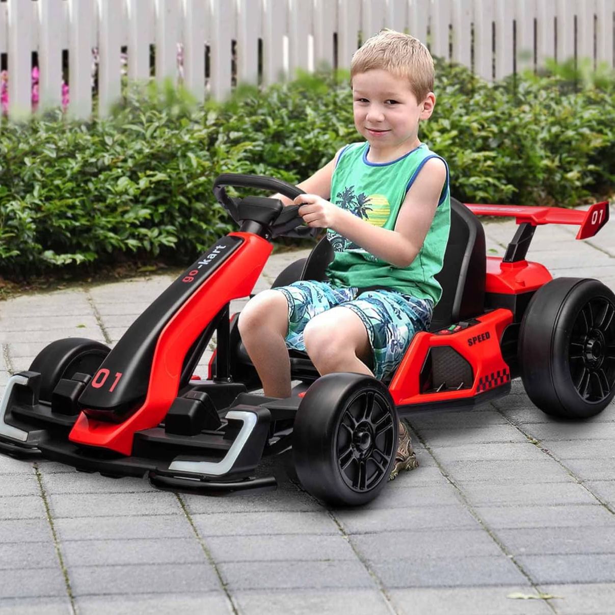 Children's Electric Go-Kart 24 V 6-12 km/h Drift Kart with Drift Mode, Slow Start, 3-Way Adjustable Seat Go Kart with Display Music, Seat Belt Children's Vehicle for 6-12 Years Children Red